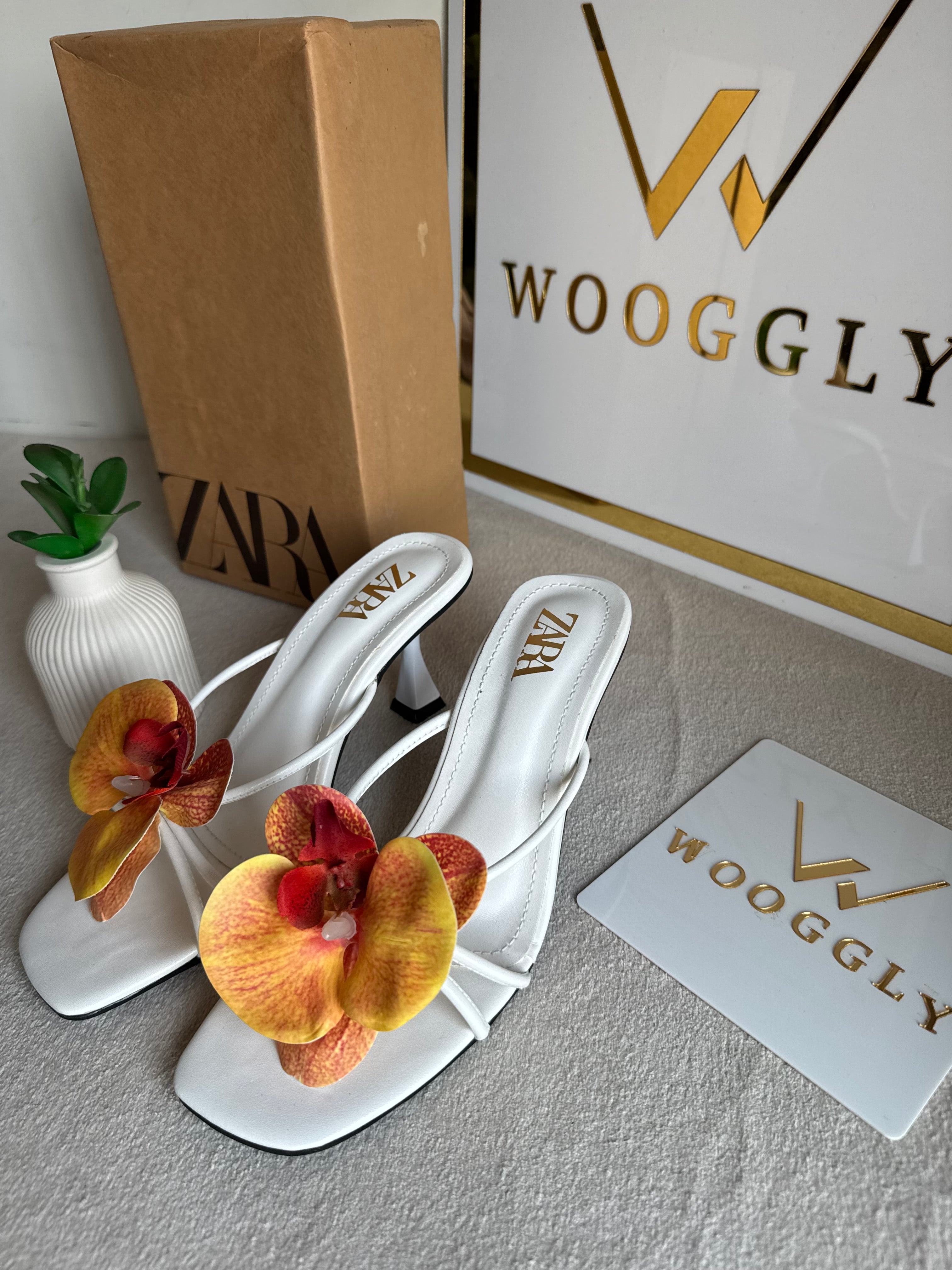 Zara Flower Heels WHITE WITH YELLOW - with Brand Box