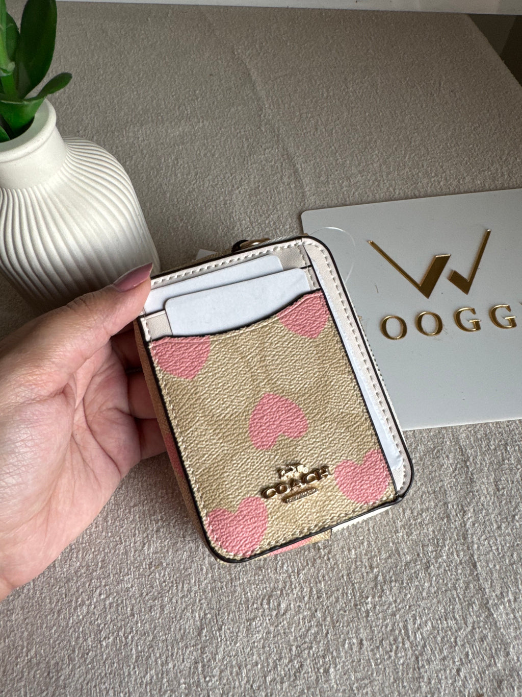 Coach Zip Card Case - Beige with Hearts