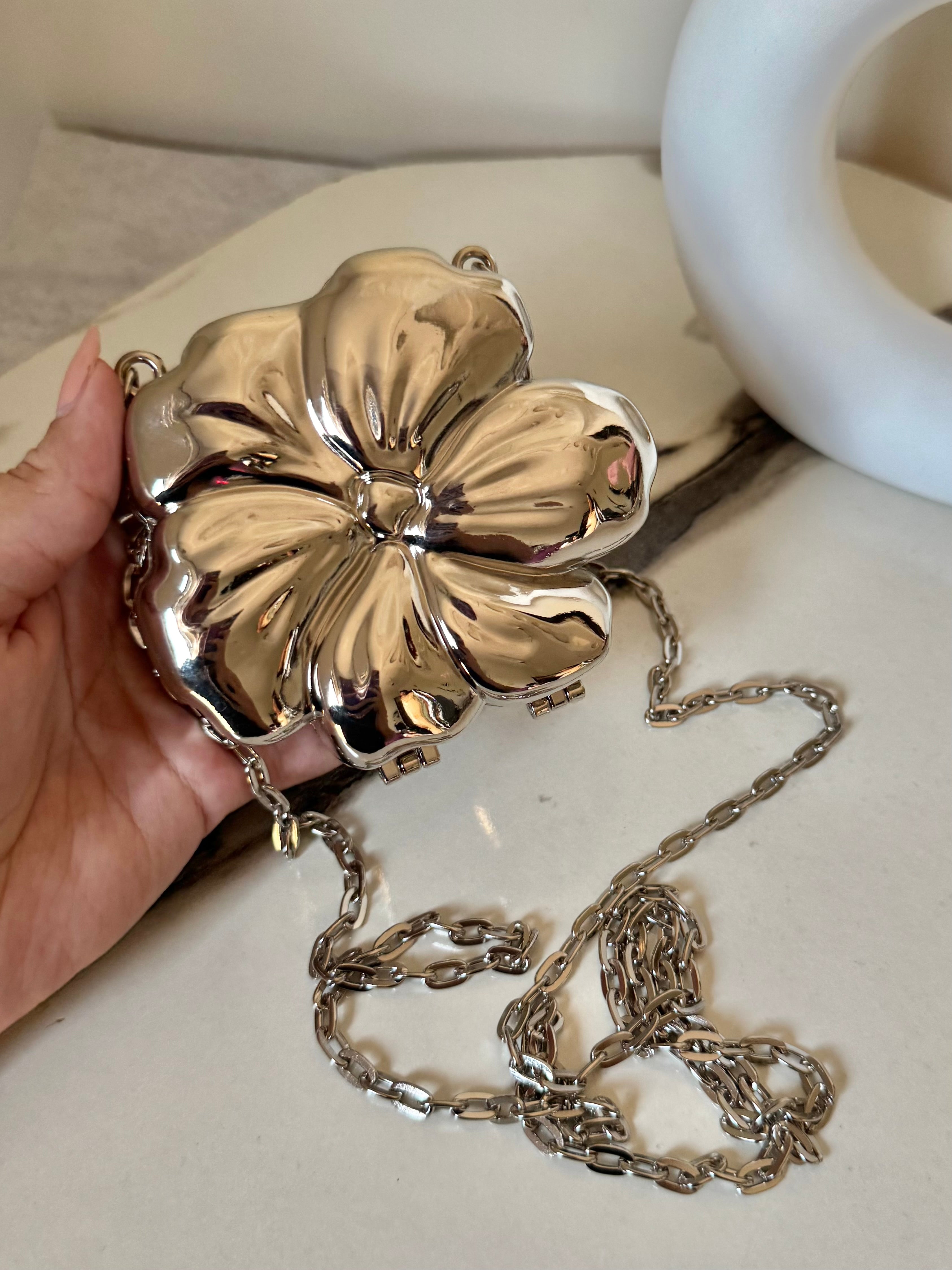 Viral Flower Metallic Bag with Chain - Silver