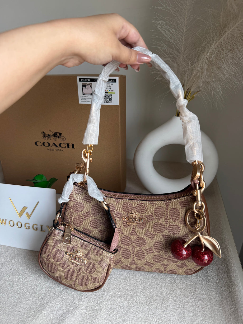 COACH Teri Gift Box with Baby Teri Charm & Coach Cherry Charm - Apricot Brown