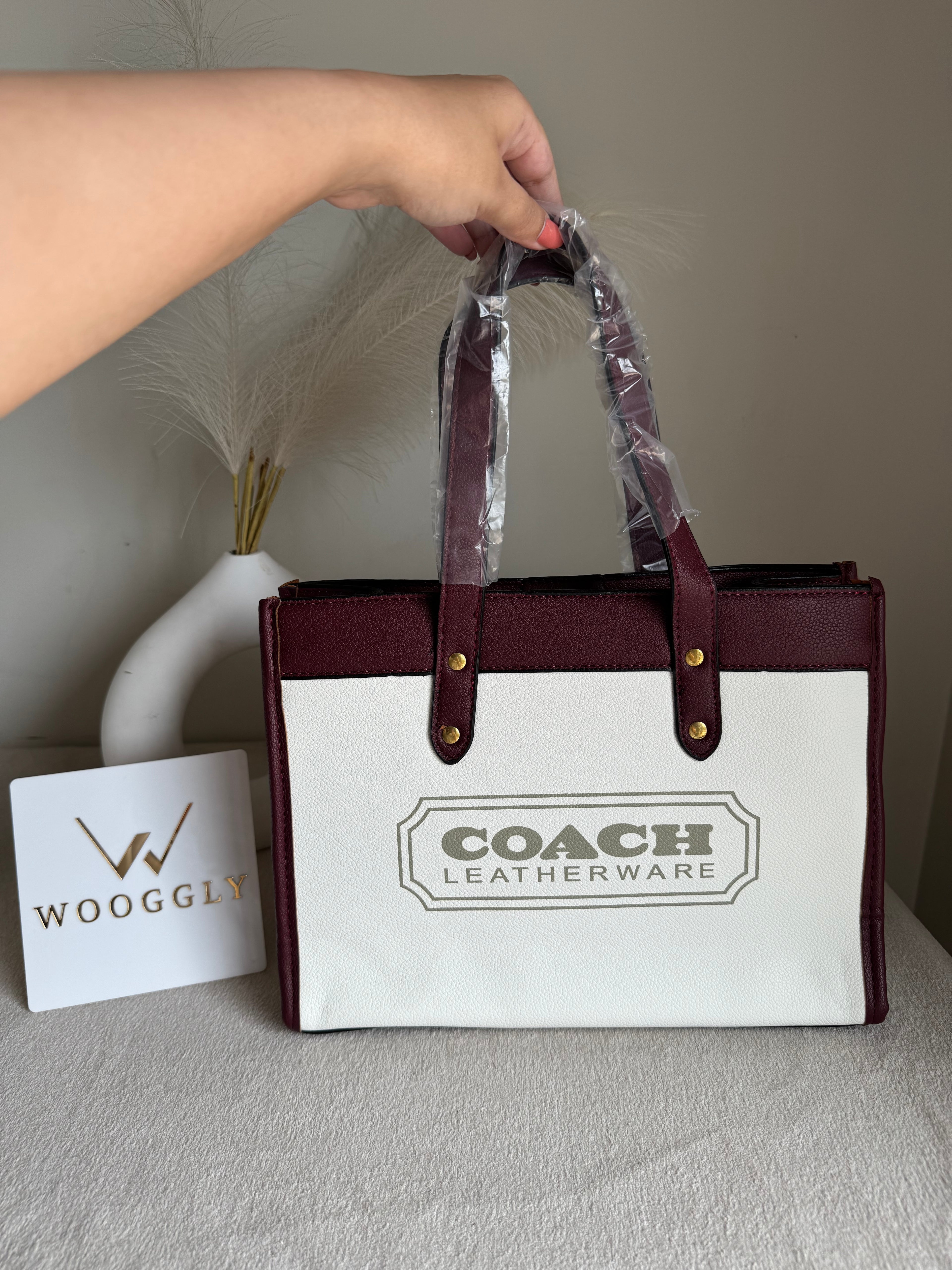 COACH Field Tote Bag - Maroon & White