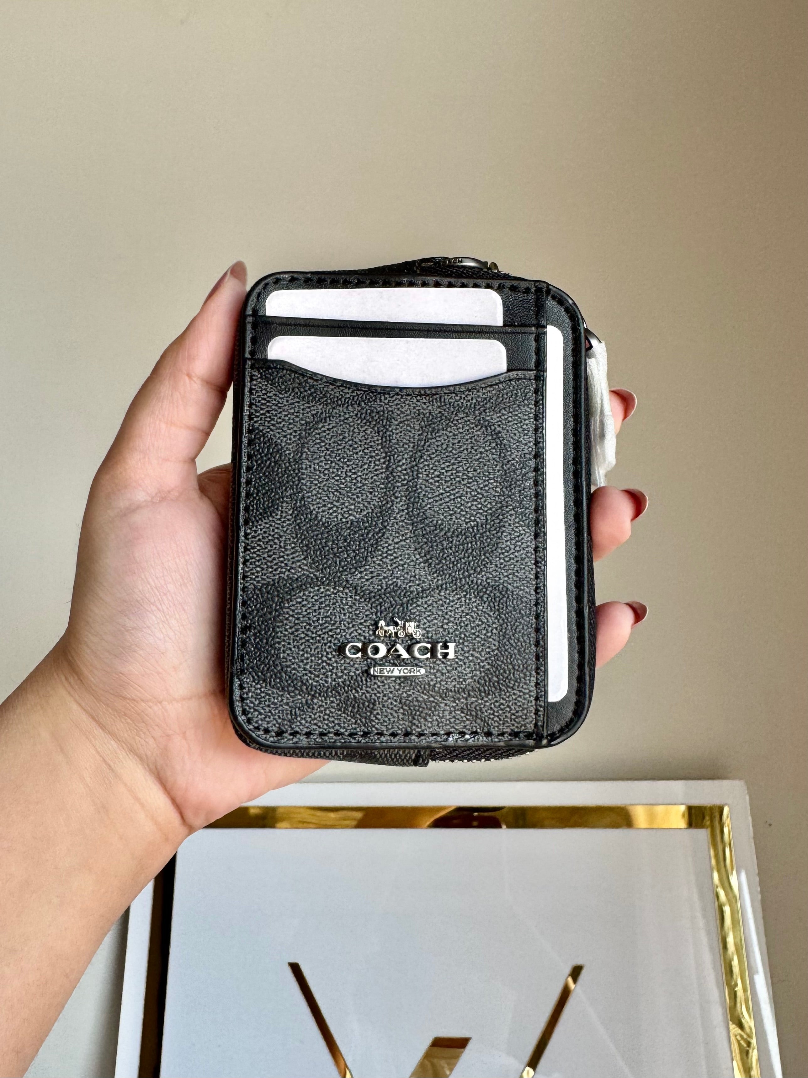 Coach Zip Card Case - Black with Silver Logo