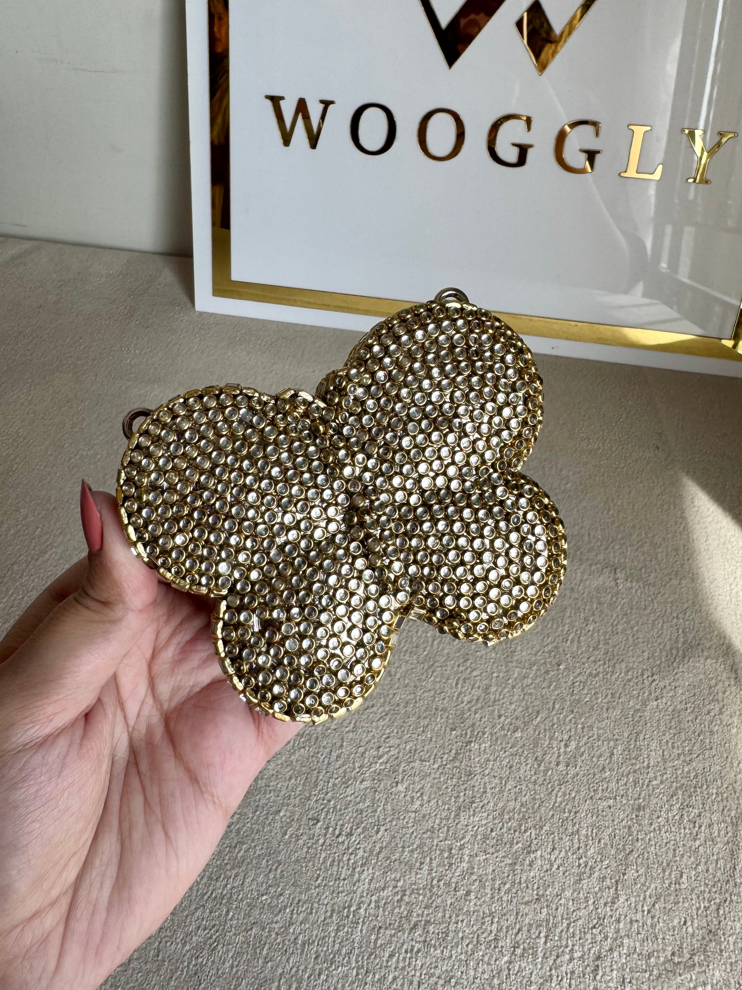 Kundan Classic Butterfly Clutch - Gold with Chain