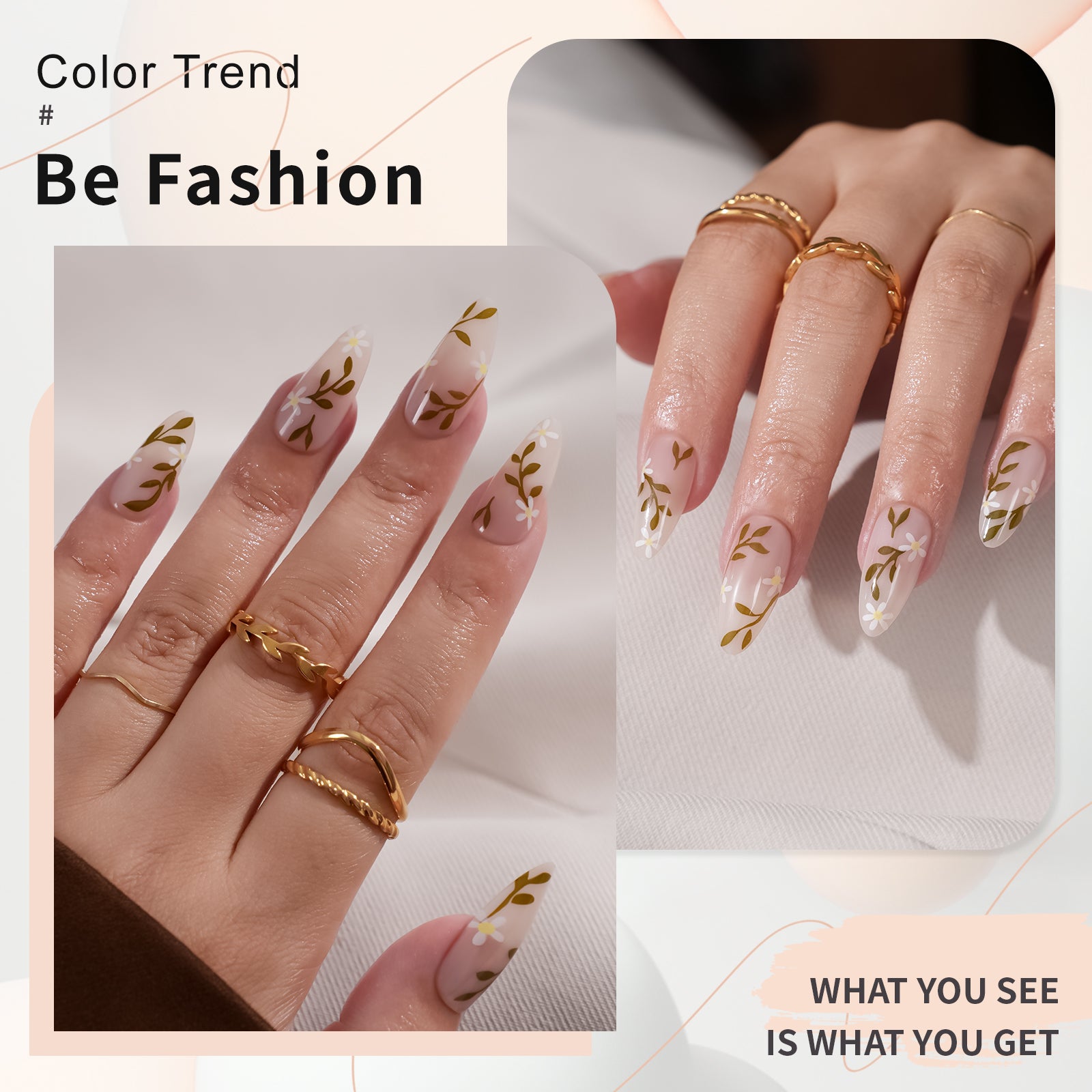 Floral Almond Press On Nails - 24 Pieces Complete Kit