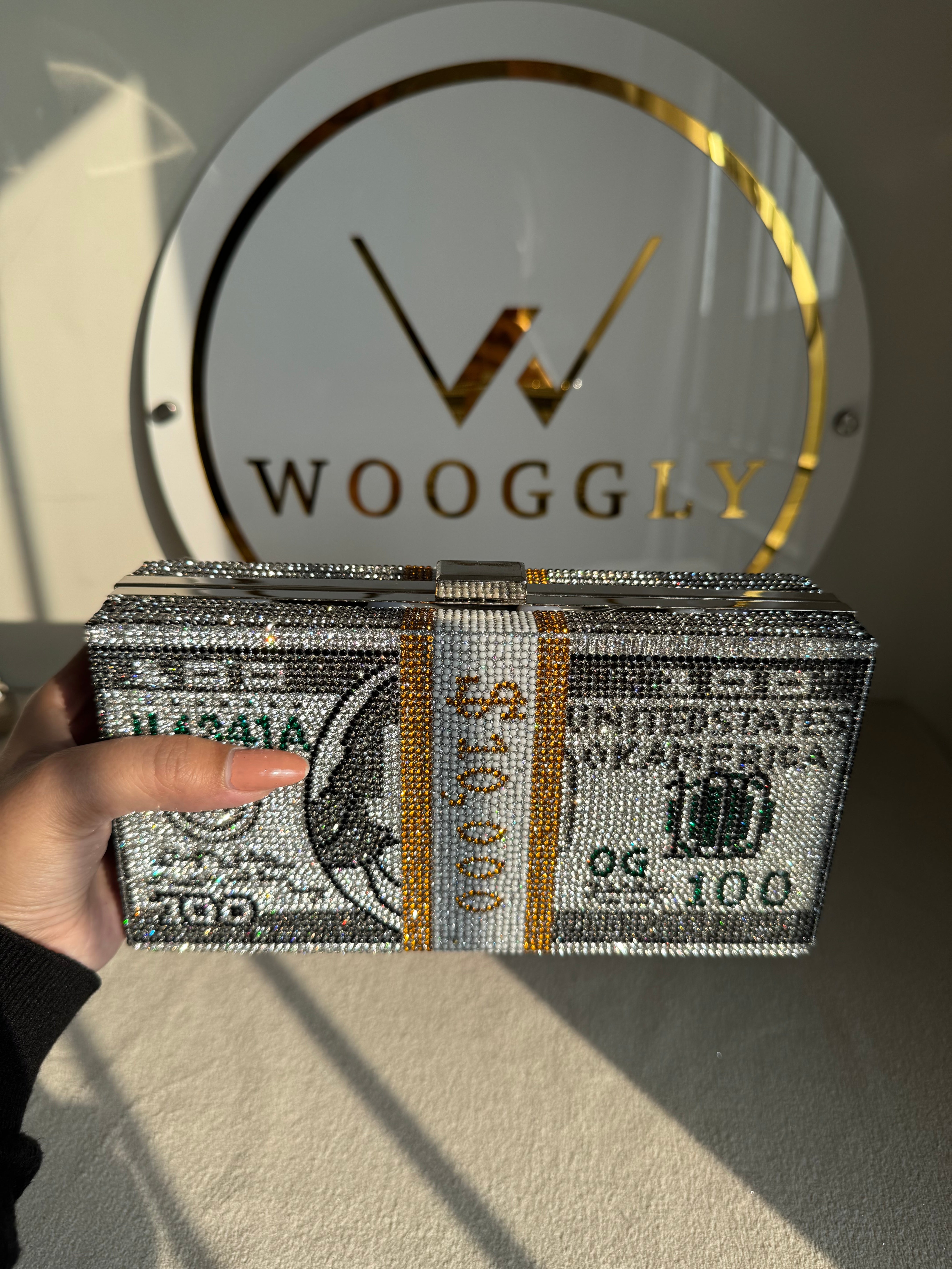 Premium Dollar Clutch - Silver with Chain