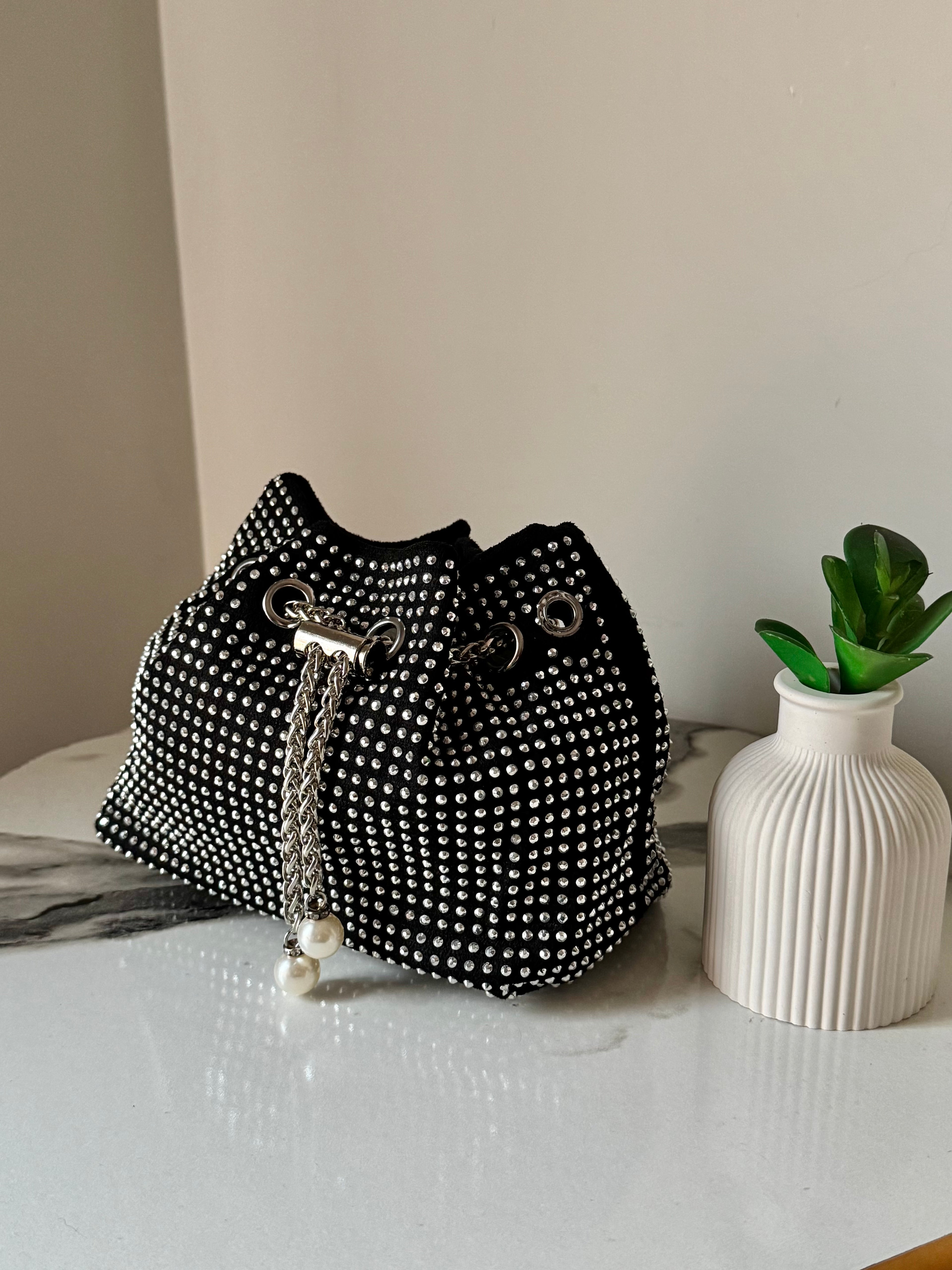 Mira Rhinestone Pouch with Long Chain (Silver & Black)