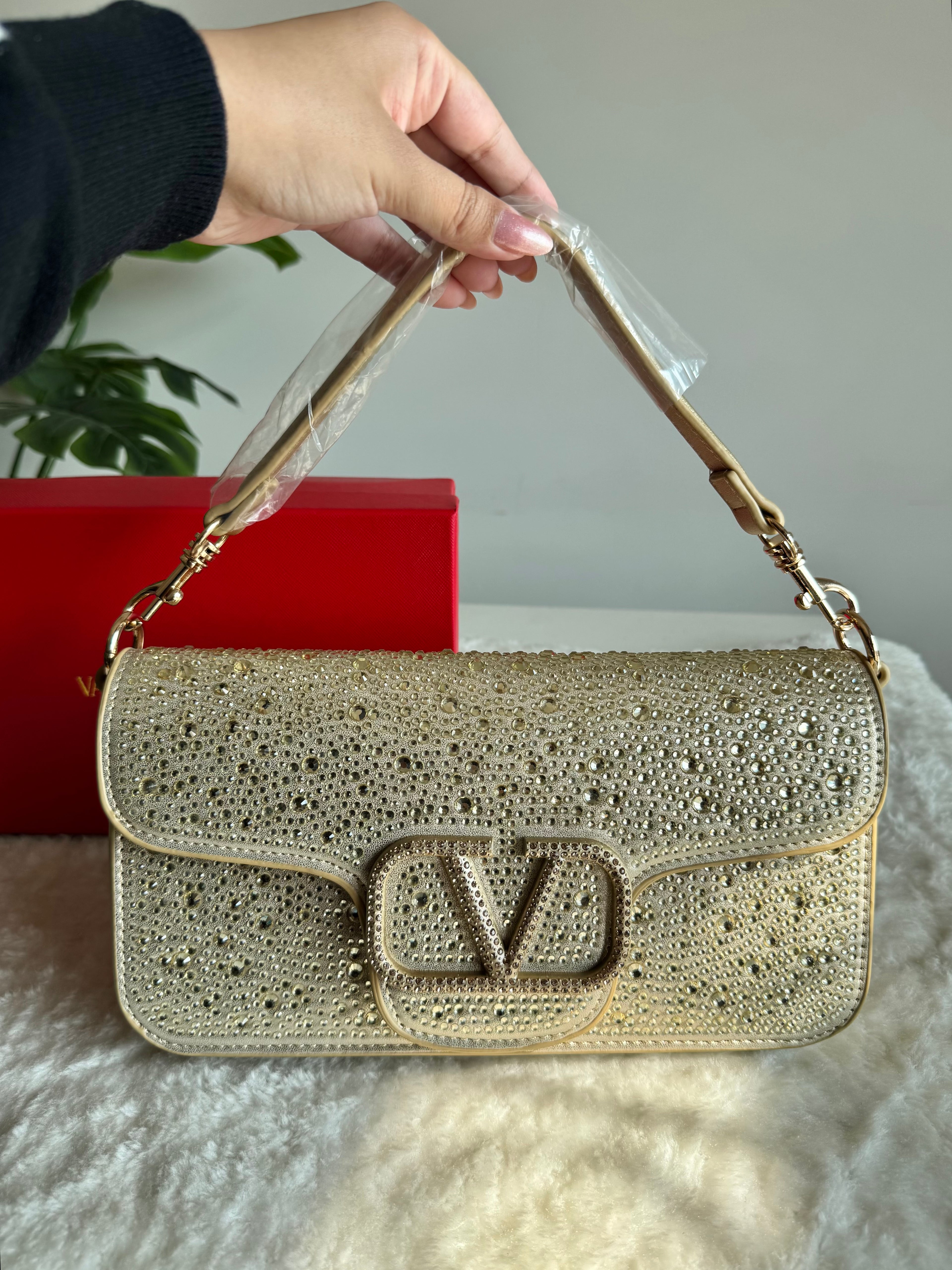Valentino Loco Rhinestone PREMIUM Handbag with Box Packing - Champagne