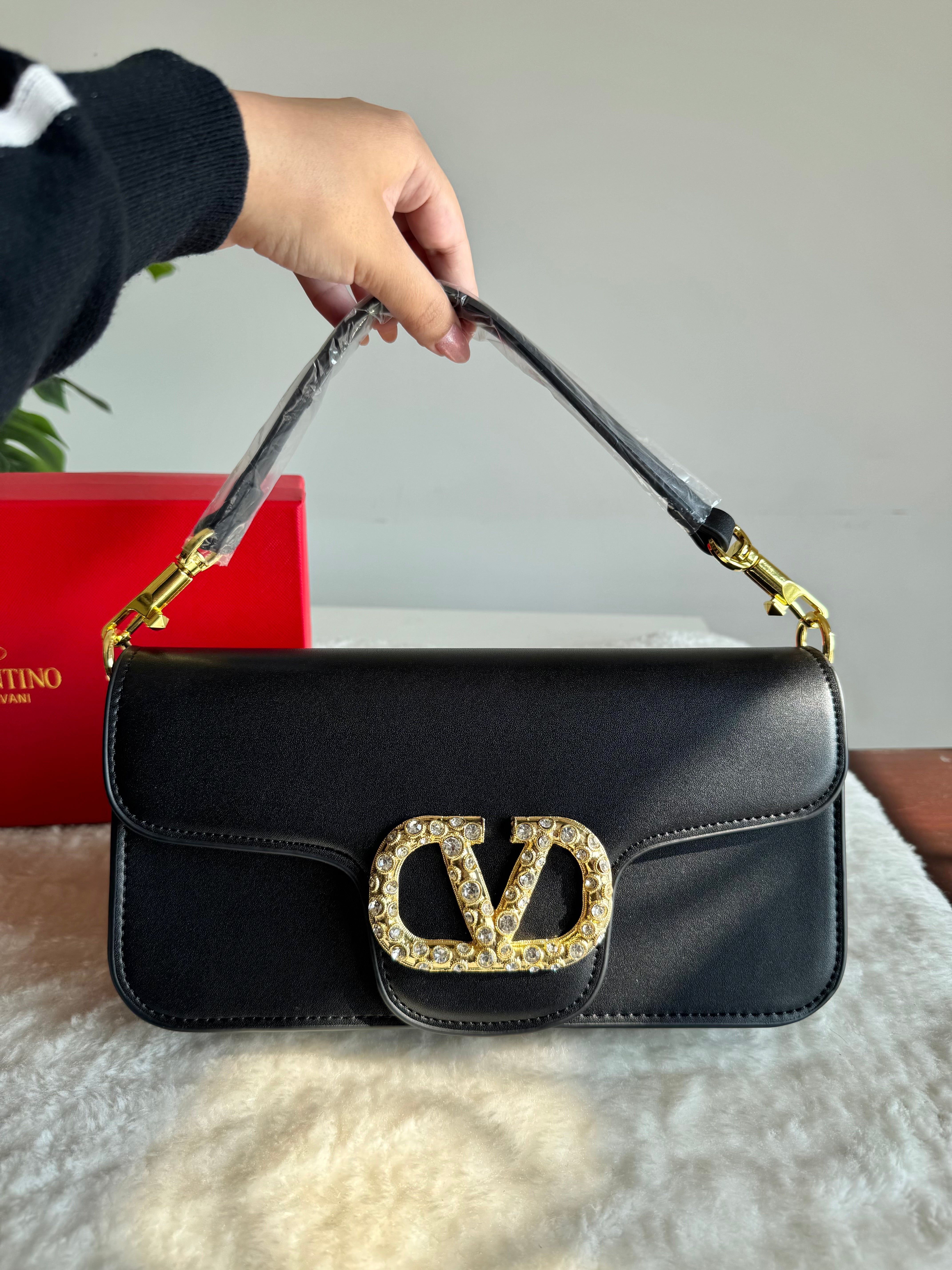 Valentino Loco with Jewel Logo PREMIUM Handbag with Box Packing - Black