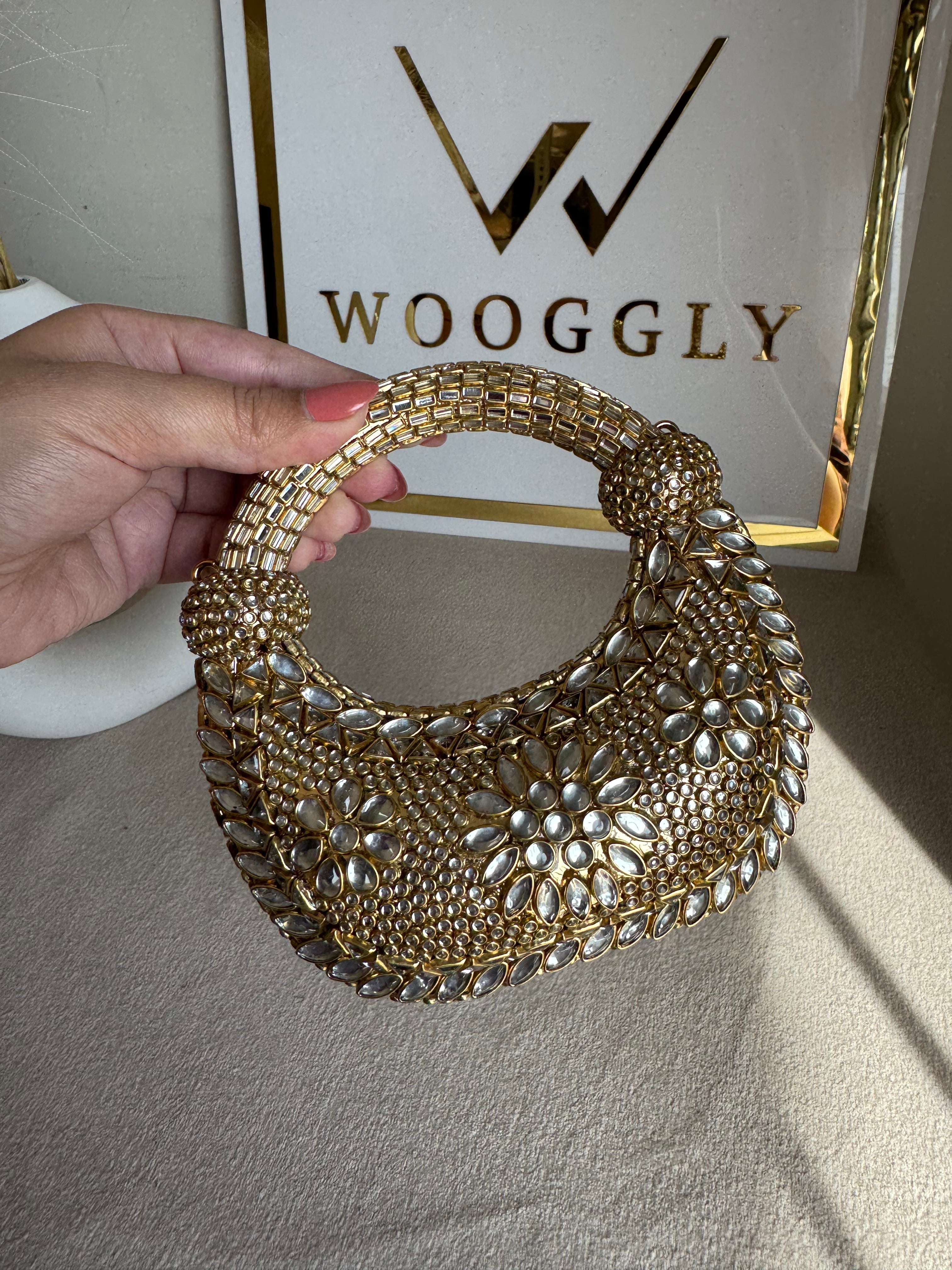 Kundan Classic Moon Clutch - Gold with Chain