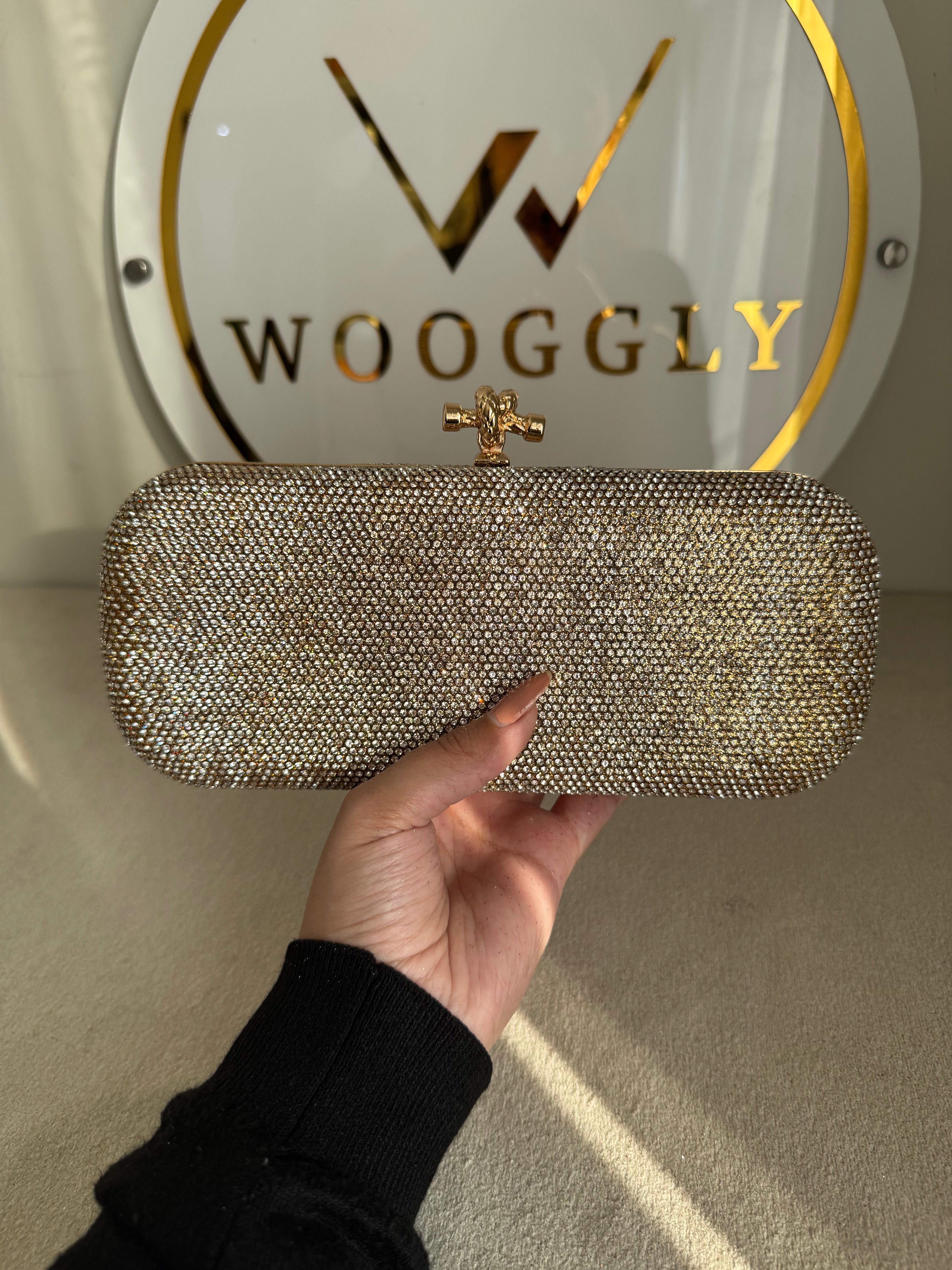 Bottega Shimmer Clutch - Rose Gold with Chain