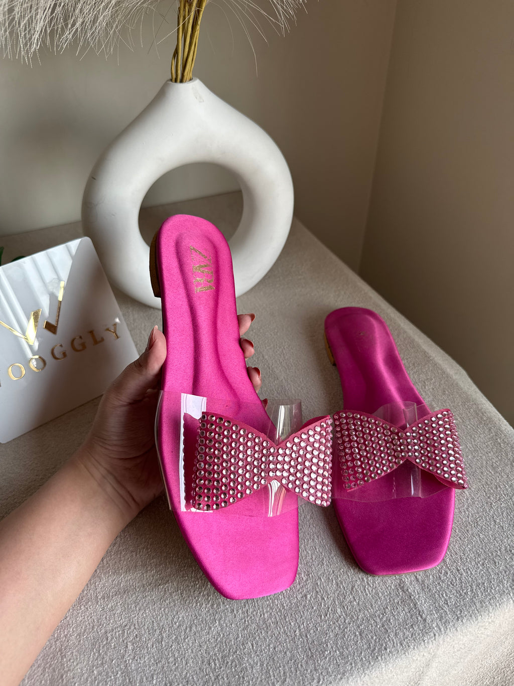 Zara Glitter Bow Slides - Hot Pink