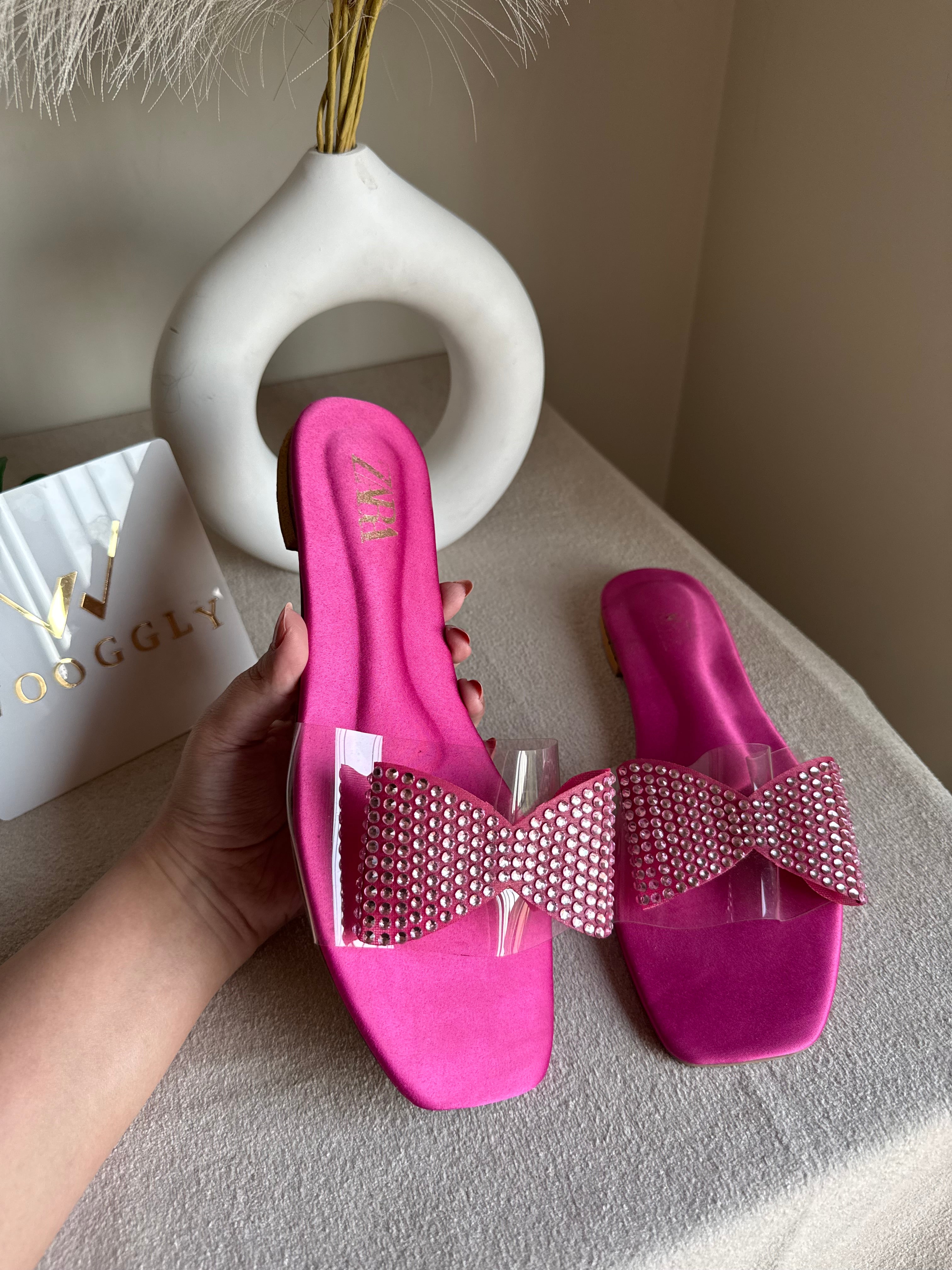 Zara Glitter Bow Slides - Hot Pink