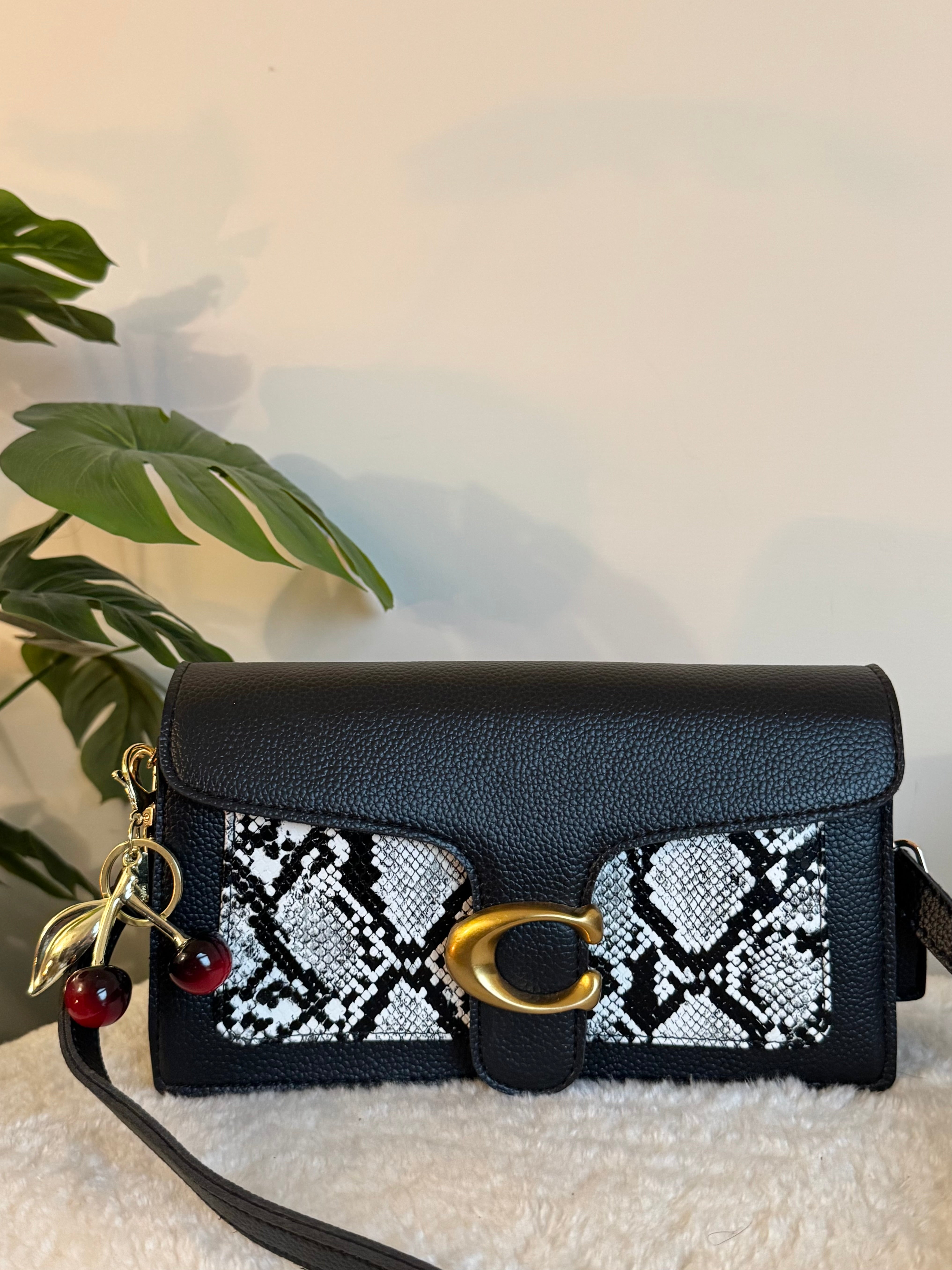 COACH TABBY with Coach Cherry Charm (Black with White) - BOX PACKING