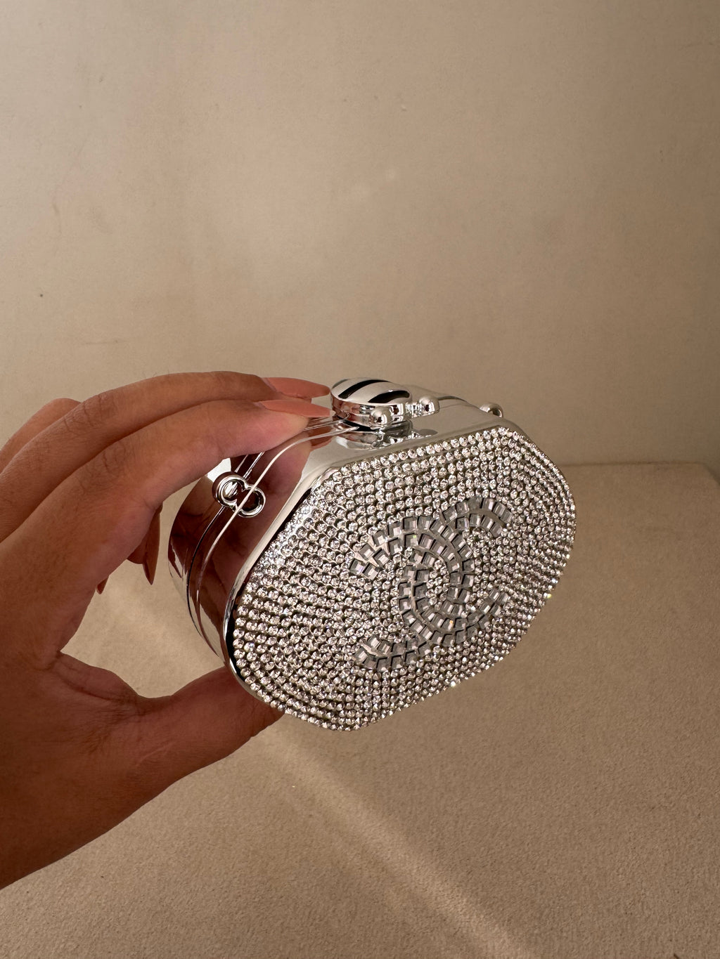 Mini Chanel Embellished Clutch with Chain - Silver & Gold