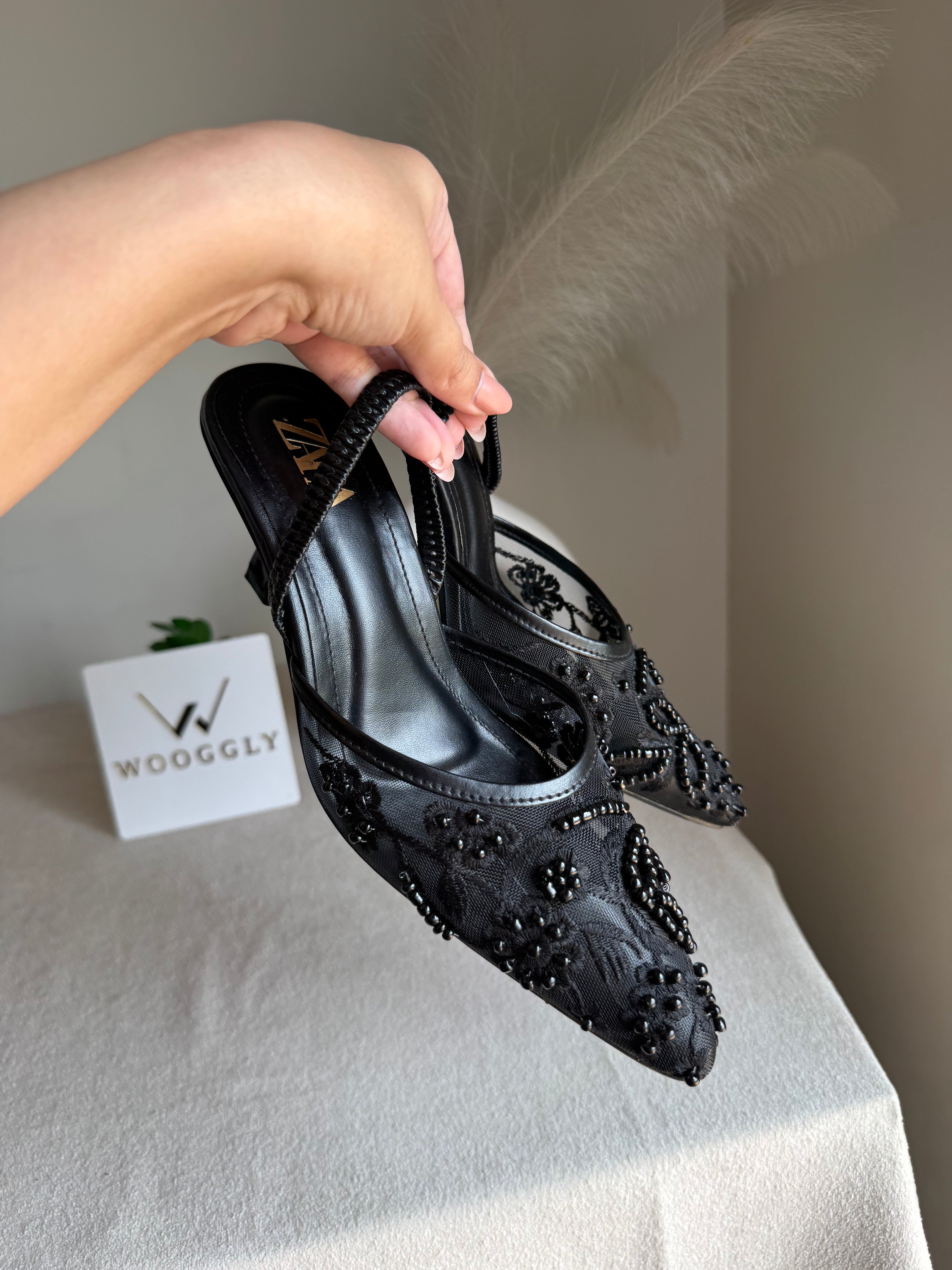 Zara Embroidered Net Heels - Black