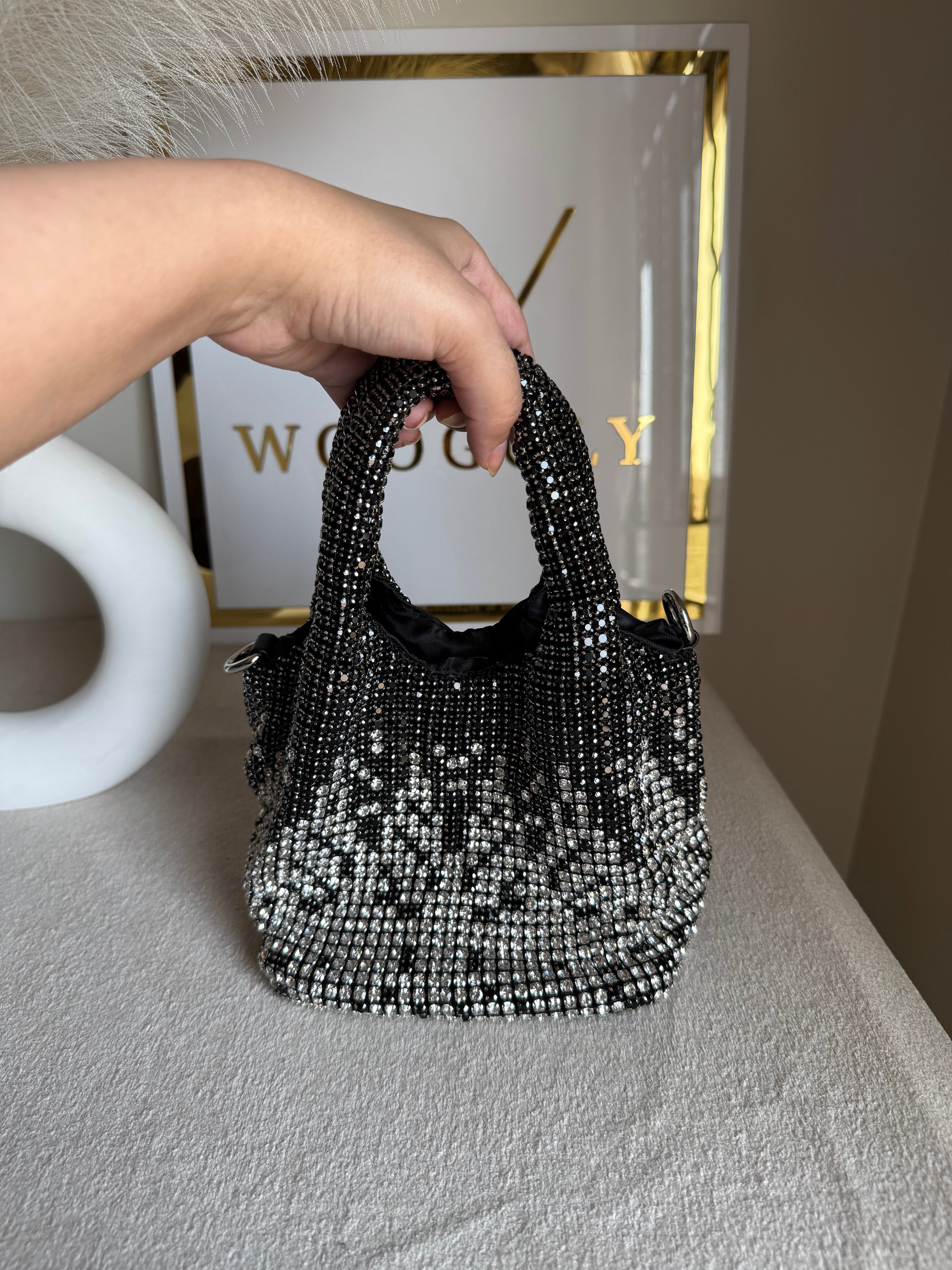 Party Wear Rhinestone Bucket Bag - Black