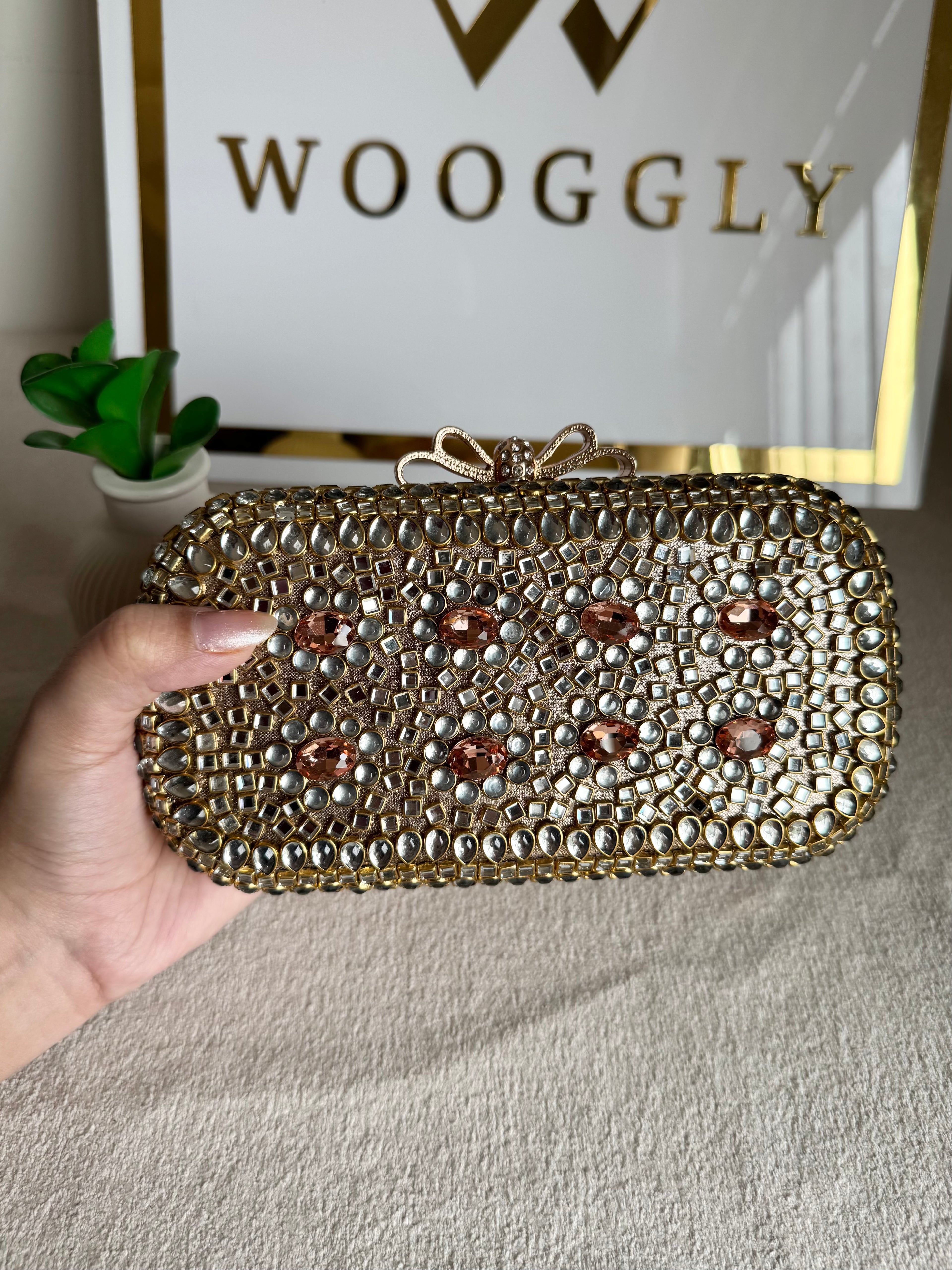 Kundan Stone Clutch - Rose Gold Stones
