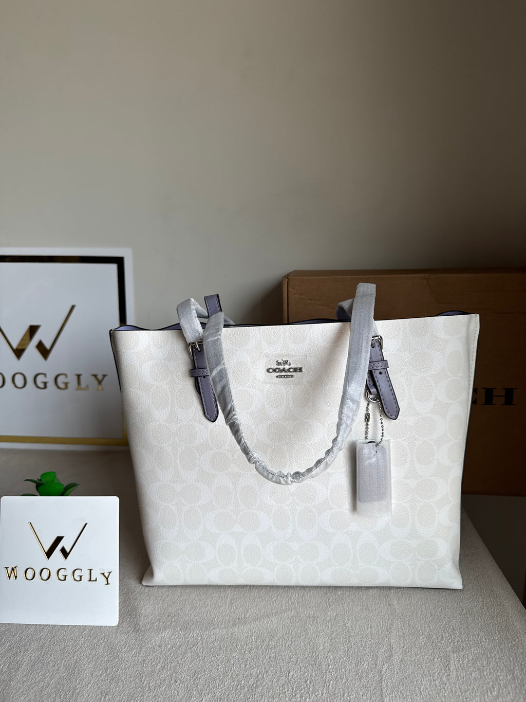 EXTREMELY PREMIUM COACH Mollie Tote Bag - Signature White & Lilac (BOX PACKING)
