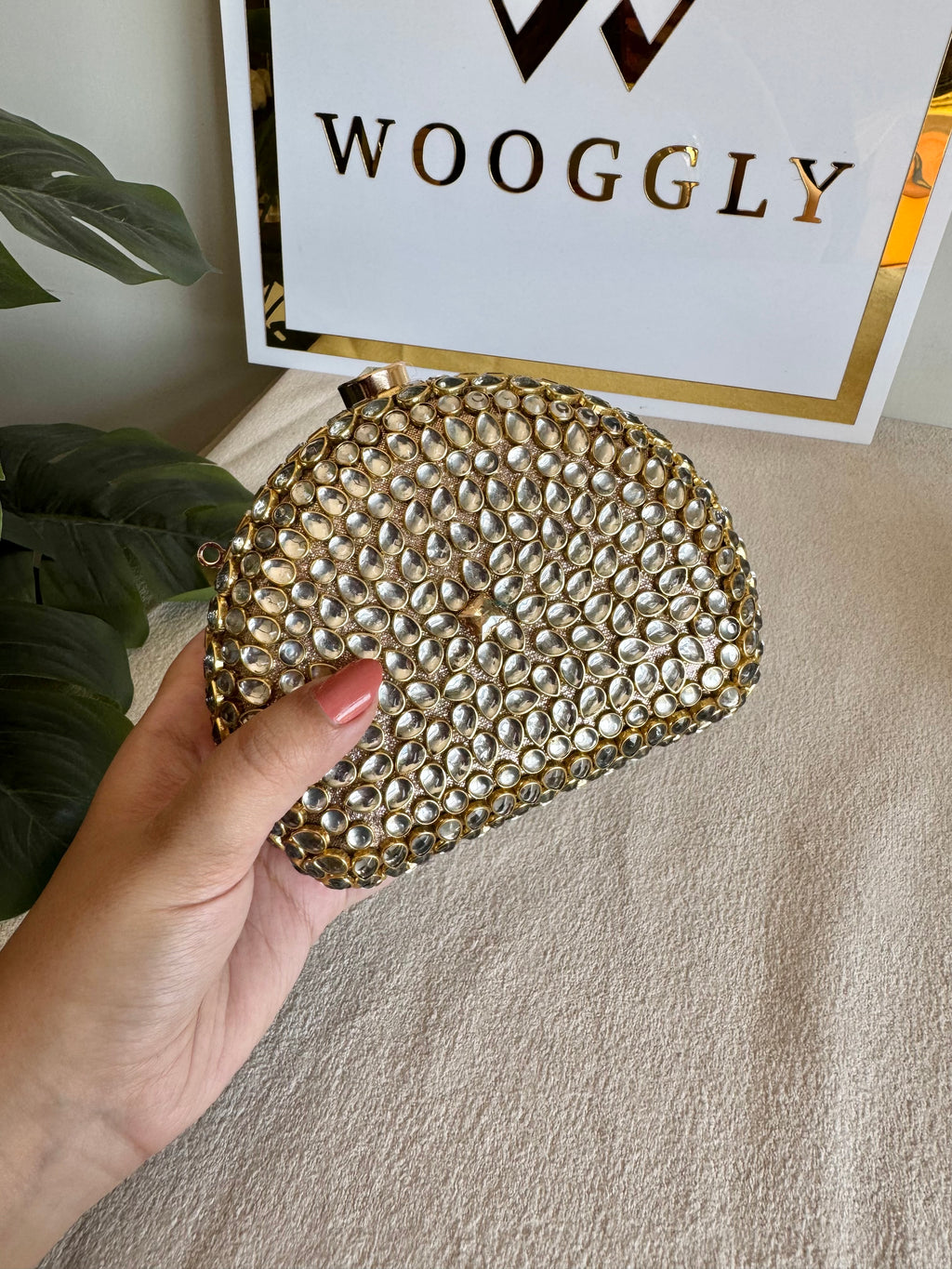 Afreen Kundan Clutch with Chain - Champagne Stone