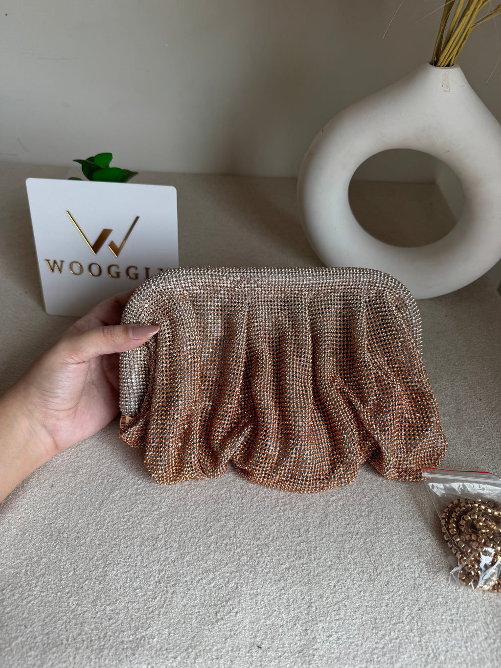 Viral High Quality Rhinestone Clutch with Chain - Rose Gold with Silver