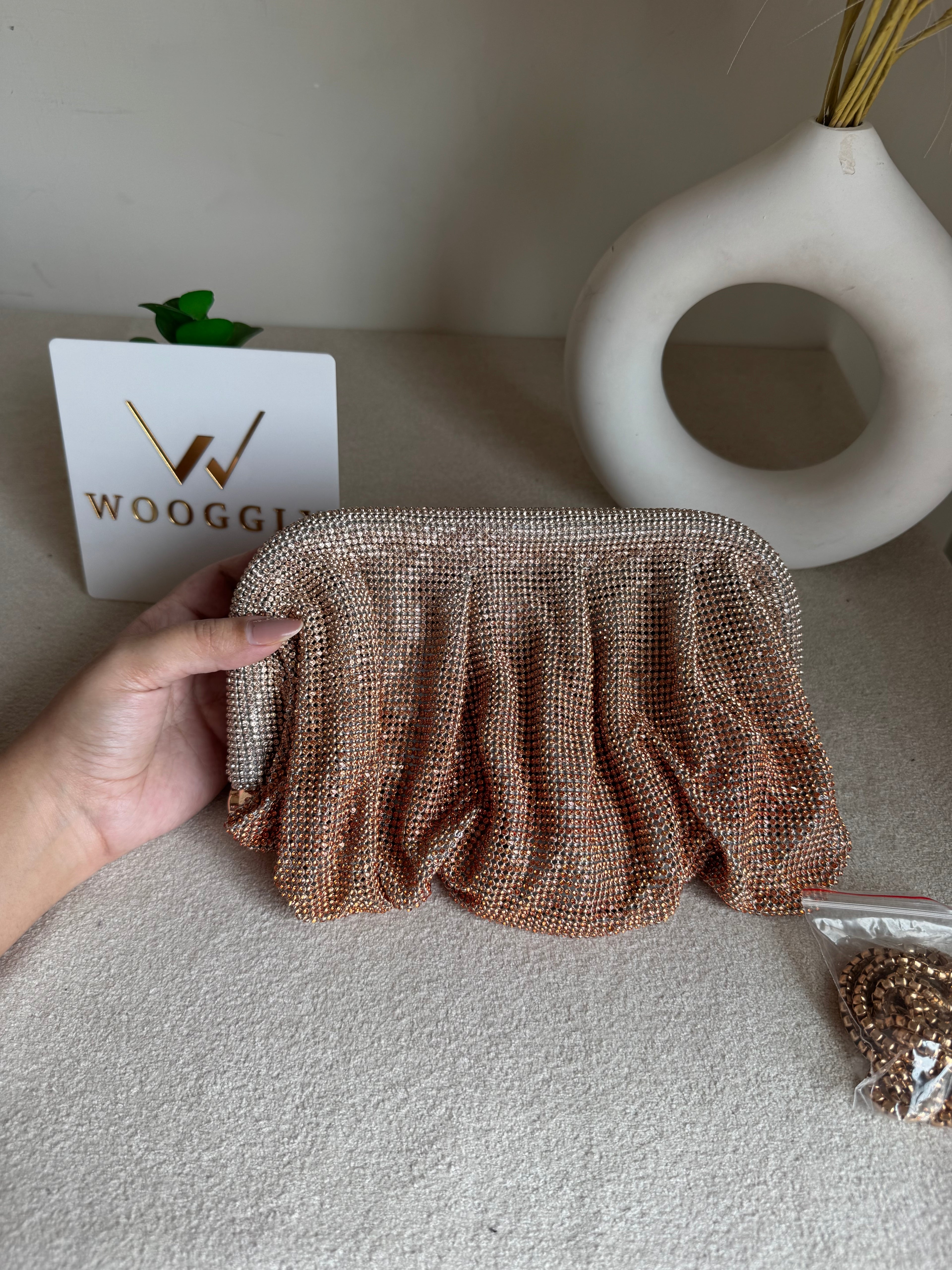 Viral High Quality Rhinestone Clutch with Chain - Rose Gold with Silver