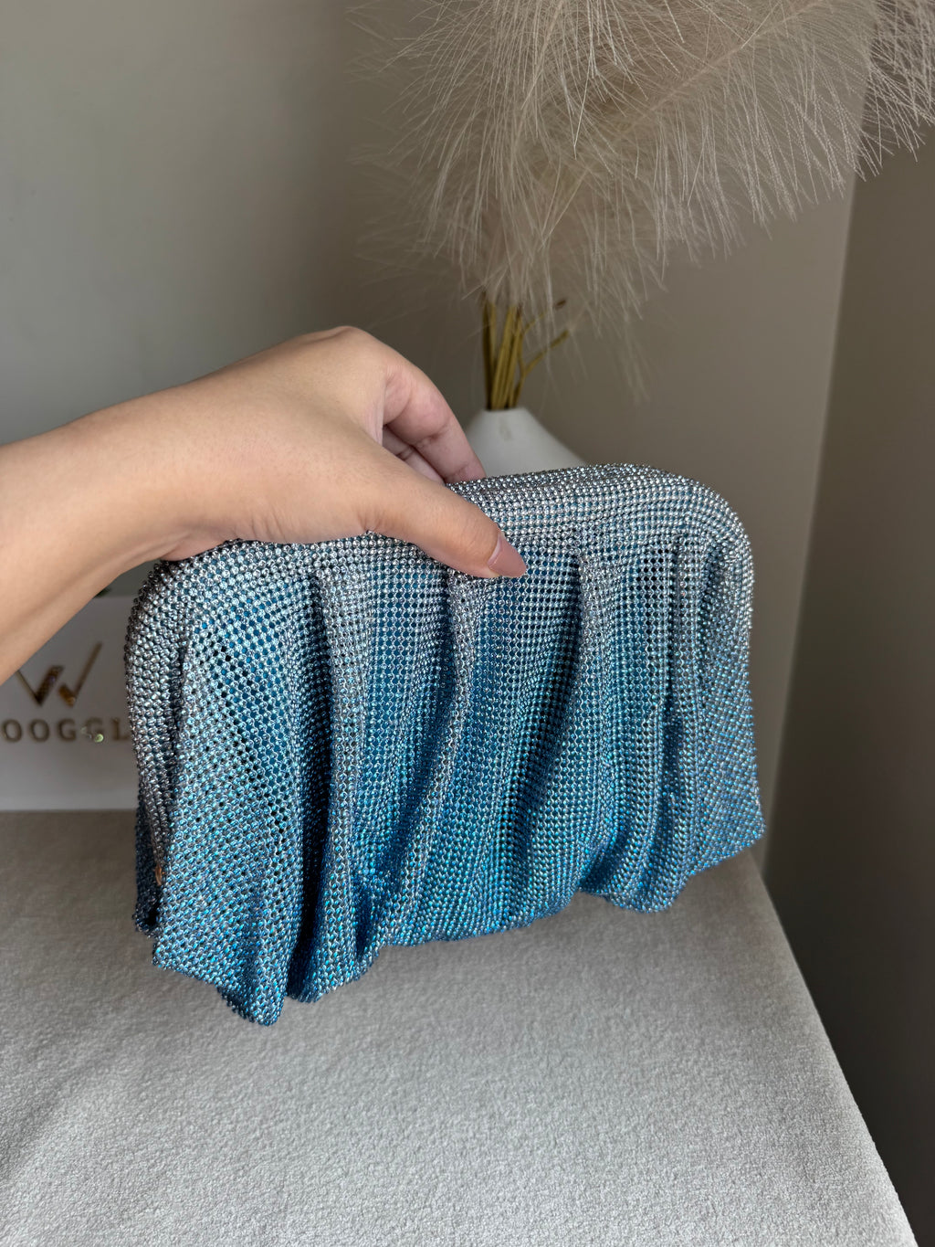 Viral High Quality Rhinestone Clutch with Chain - Blue