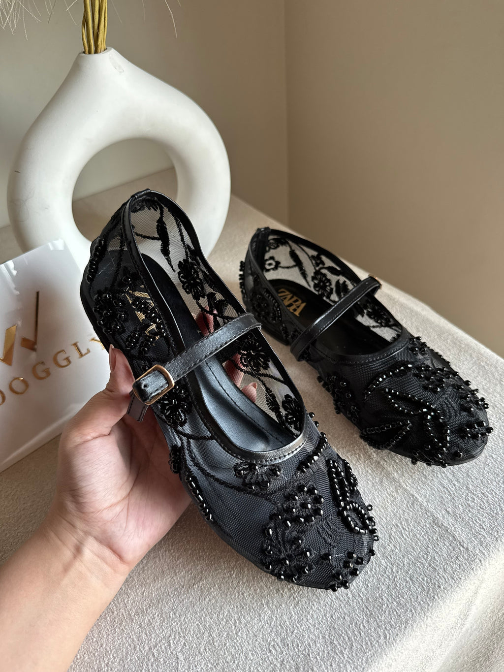 Zara Embroided Net Pumps - Black