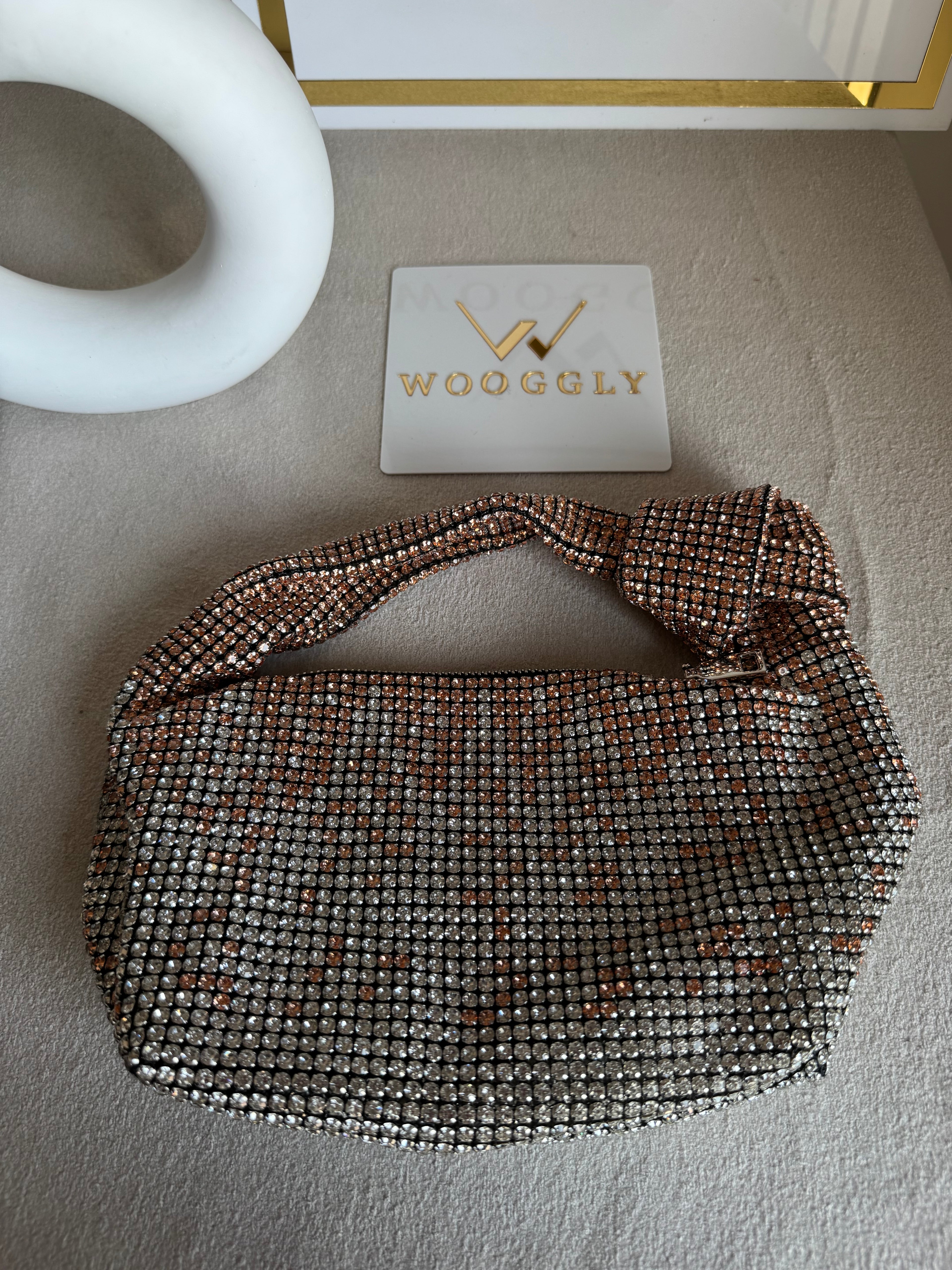 Party Wear Rhinestone Bow Bag - Rose Gold with Silver