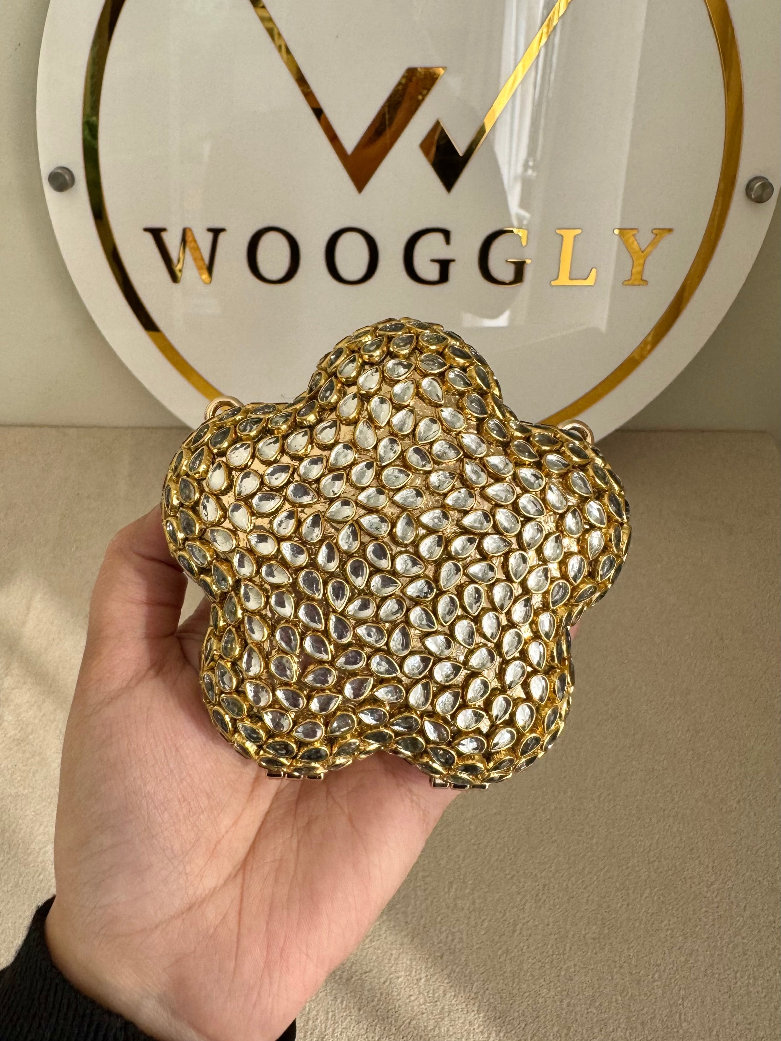 Kundan Star Clutch - Gold with Chain