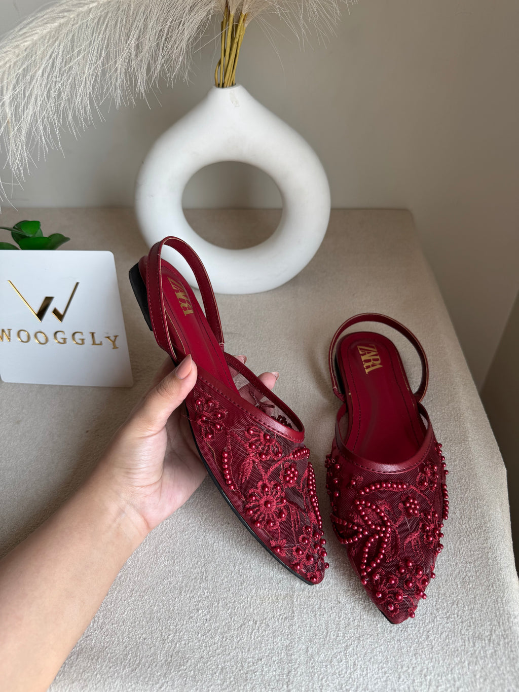 Zara Embroidered Mesh Slingback Flats  - Maroon