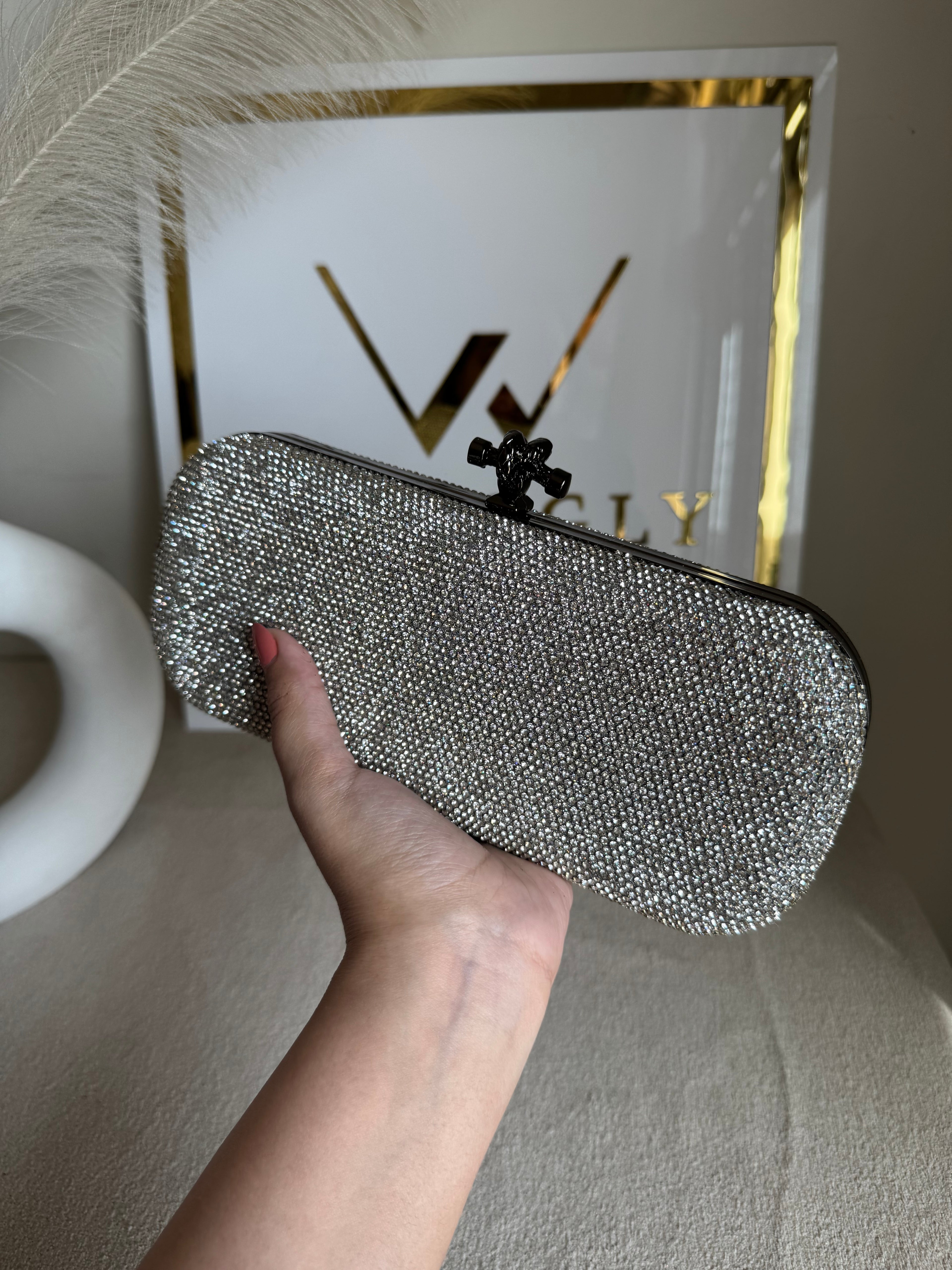 Bottega Shimmer Clutch Matte Top - Silver with Chain