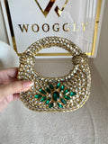 Kundan Classic Moon Clutch with Green Stone Embellishment