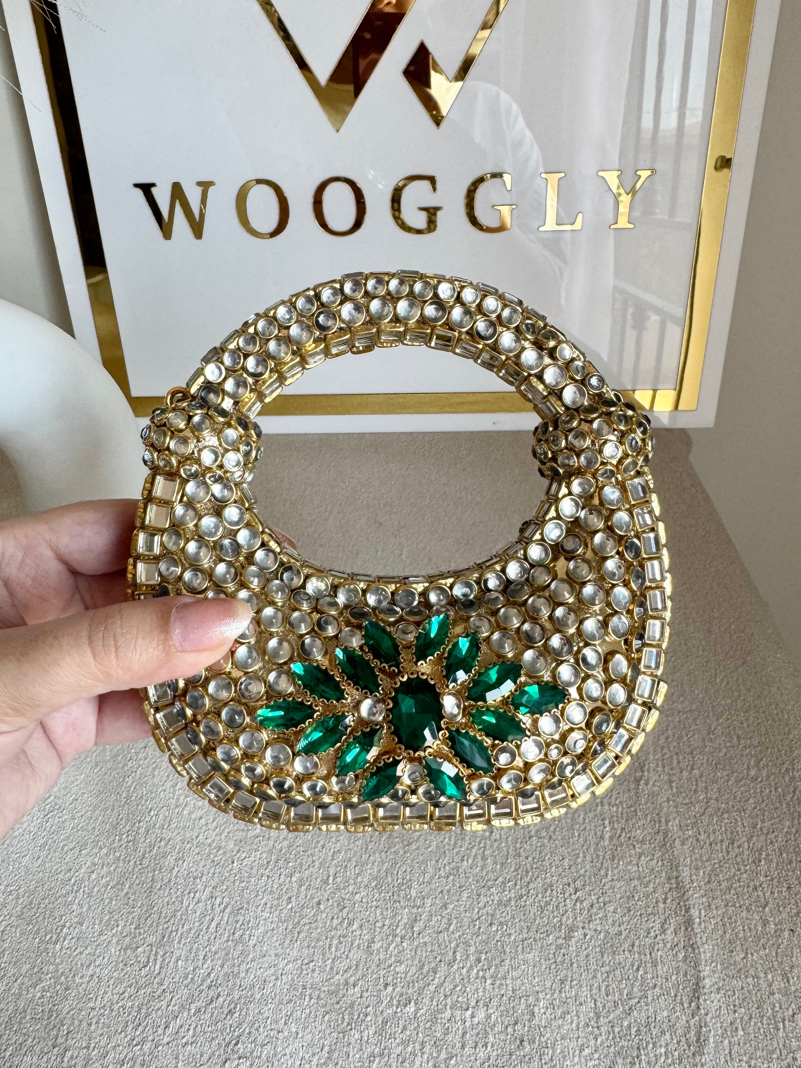 Kundan Classic Moon Clutch with Green Stone Embellishment