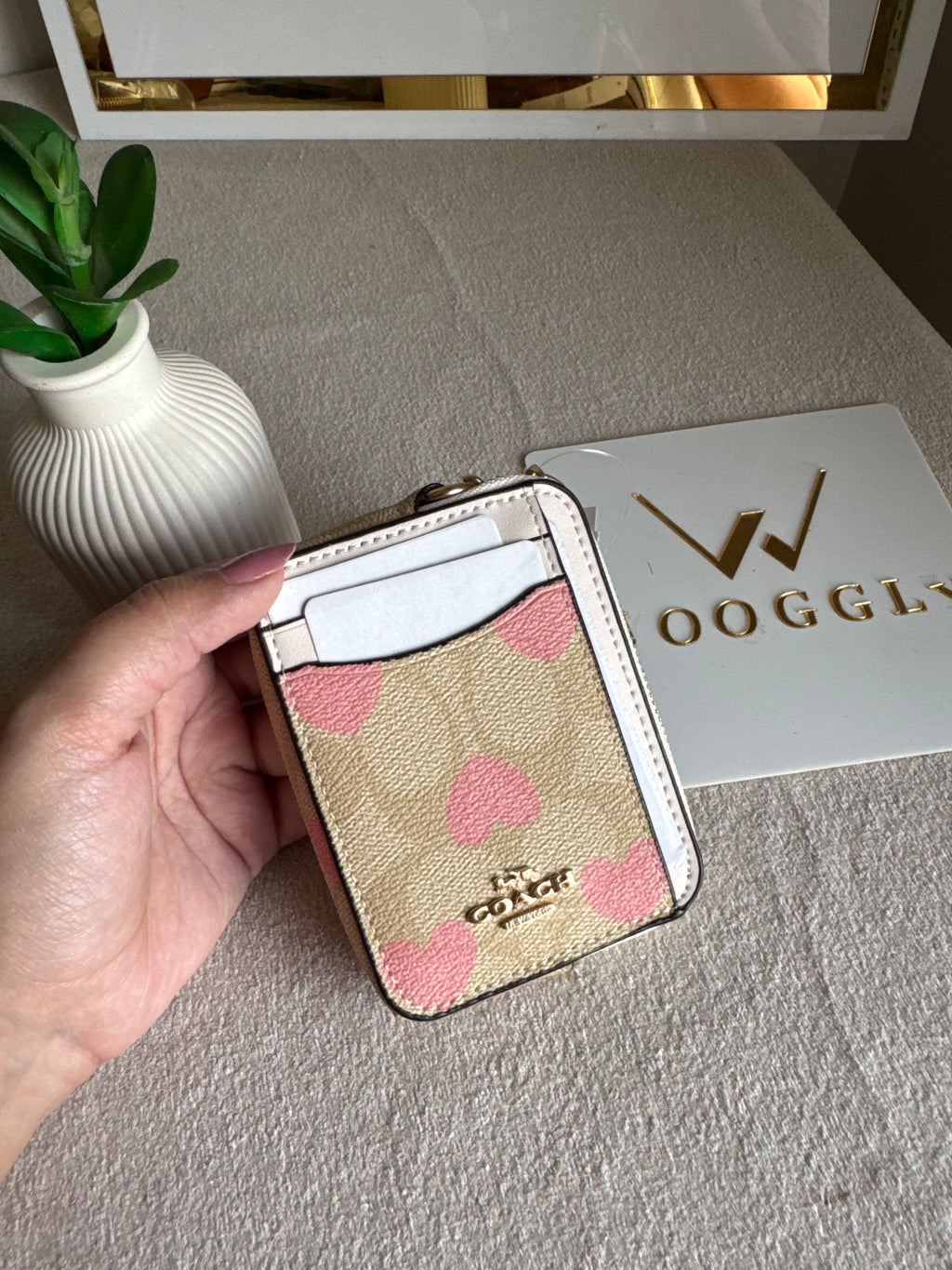 Coach Zip Card Case - Beige with Hearts
