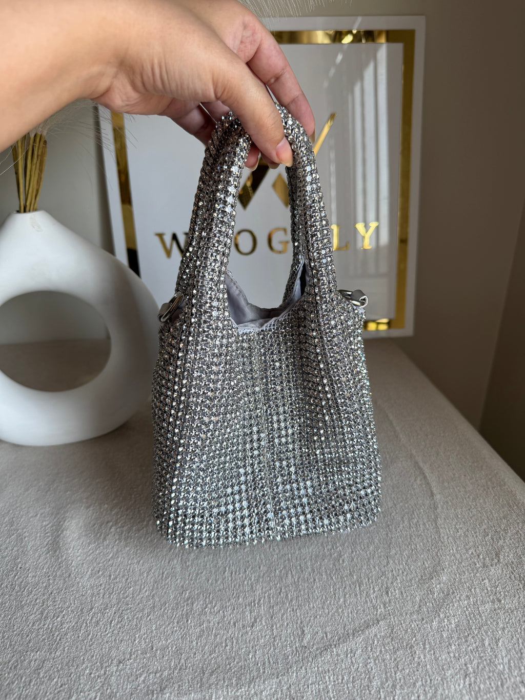 Party Wear Rhinestone Bucket Bag - Silver