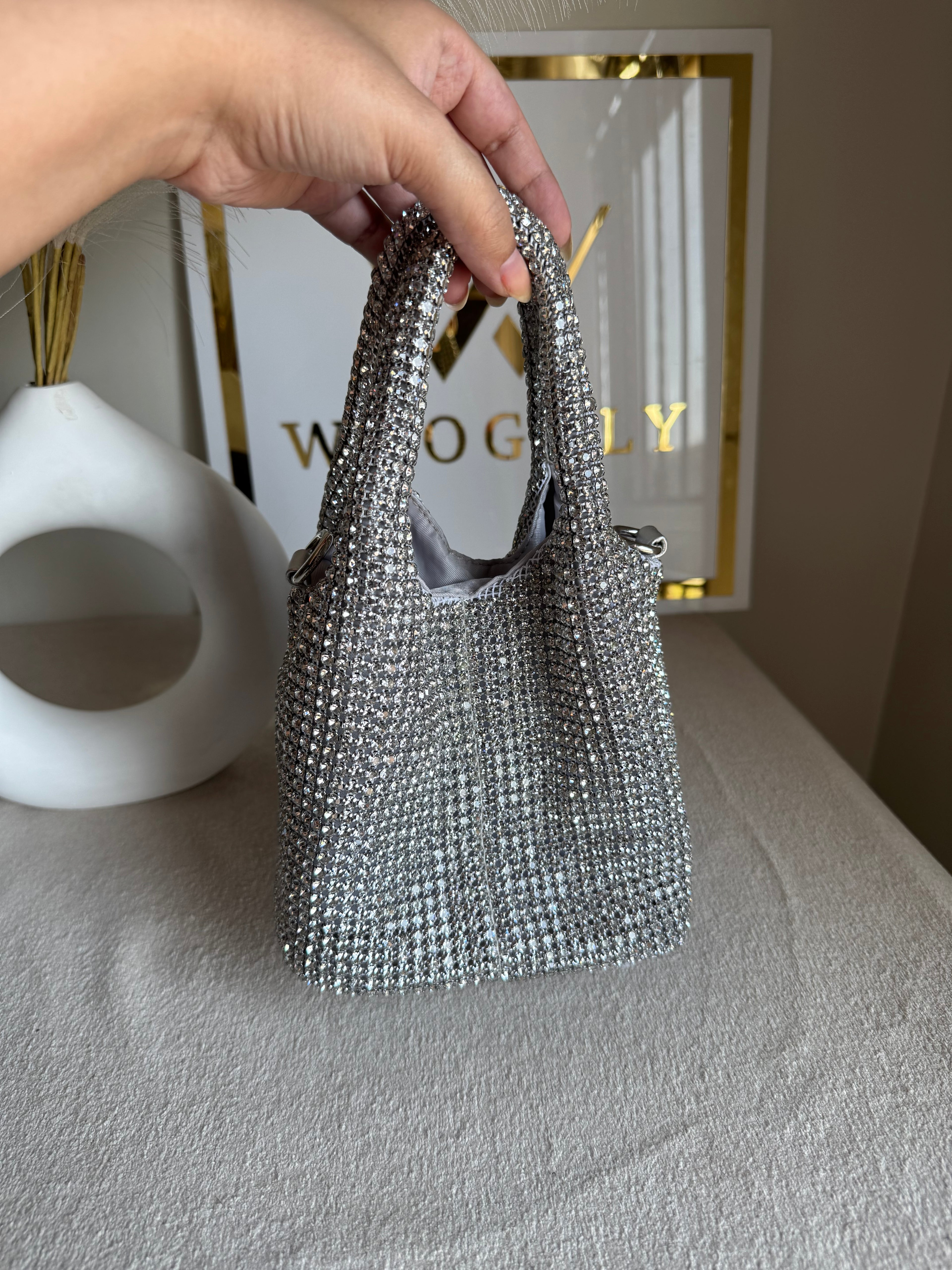 Party Wear Rhinestone Bucket Bag - Silver