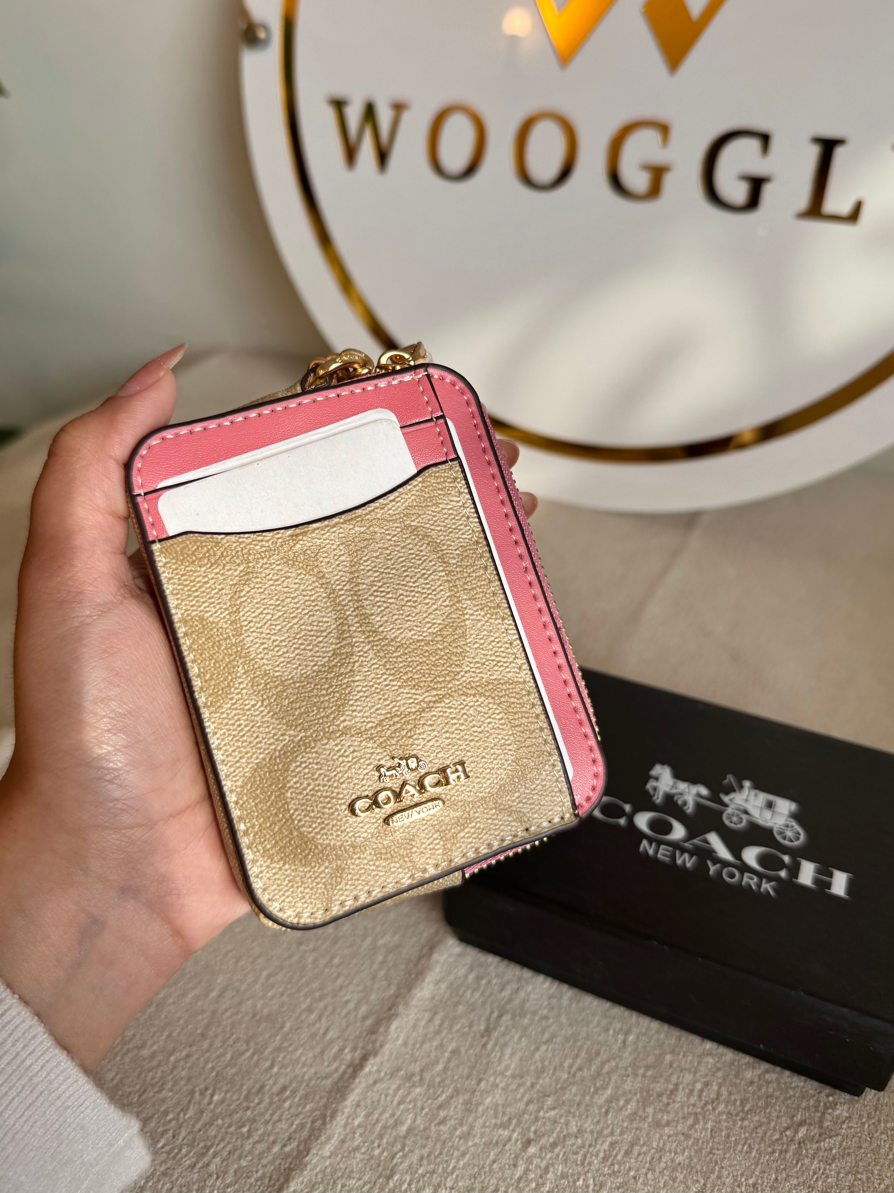 Coach Zip Card Case with Box Packing - Apricot Beige with Pink