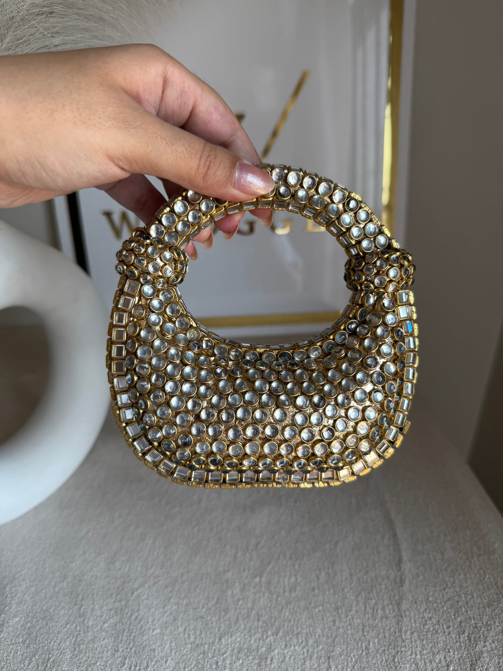 Kundan Classic Moon Clutch with Red Stone Embellishment