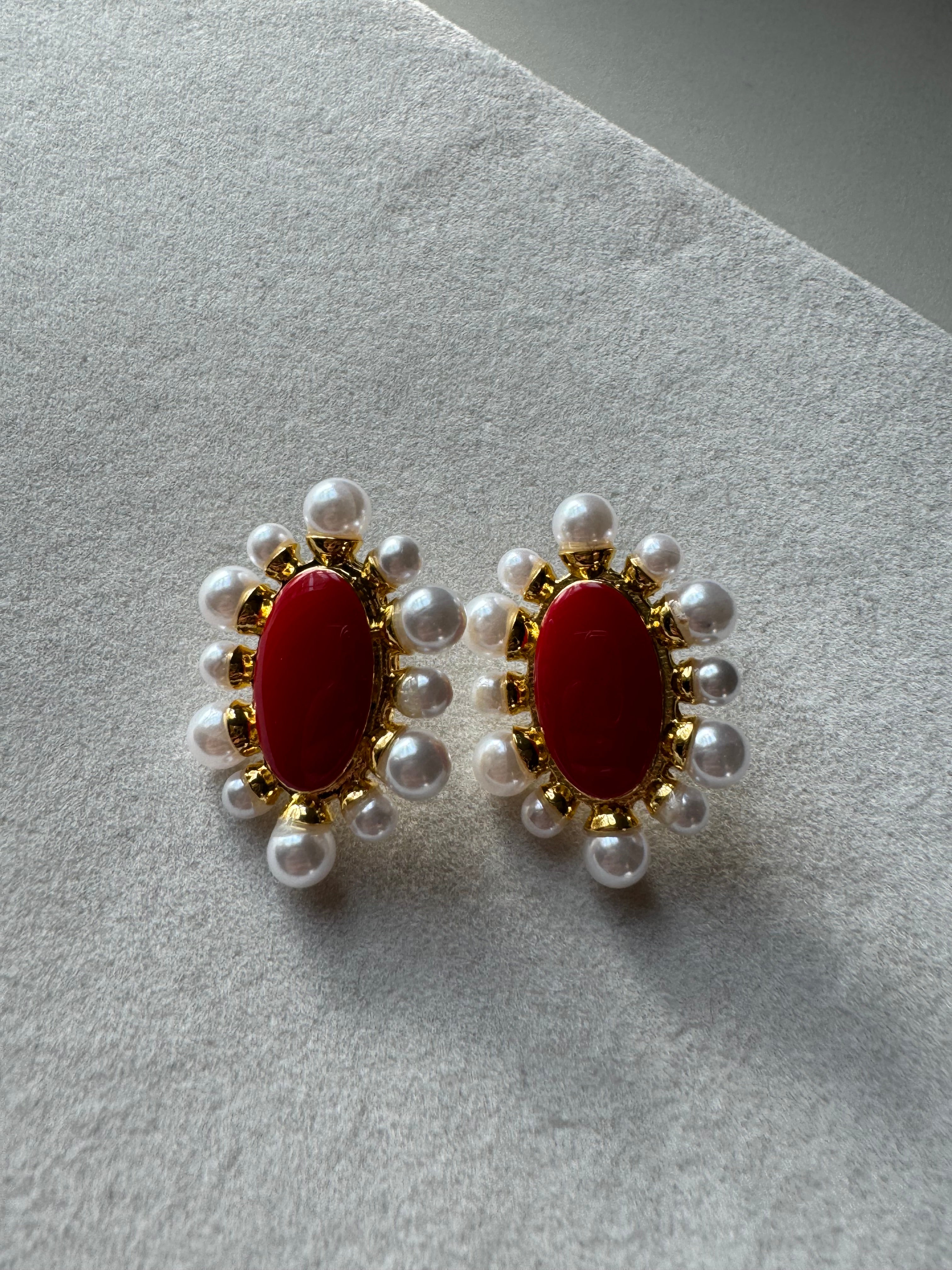 Lunar Essense Studs - Red & Pearls