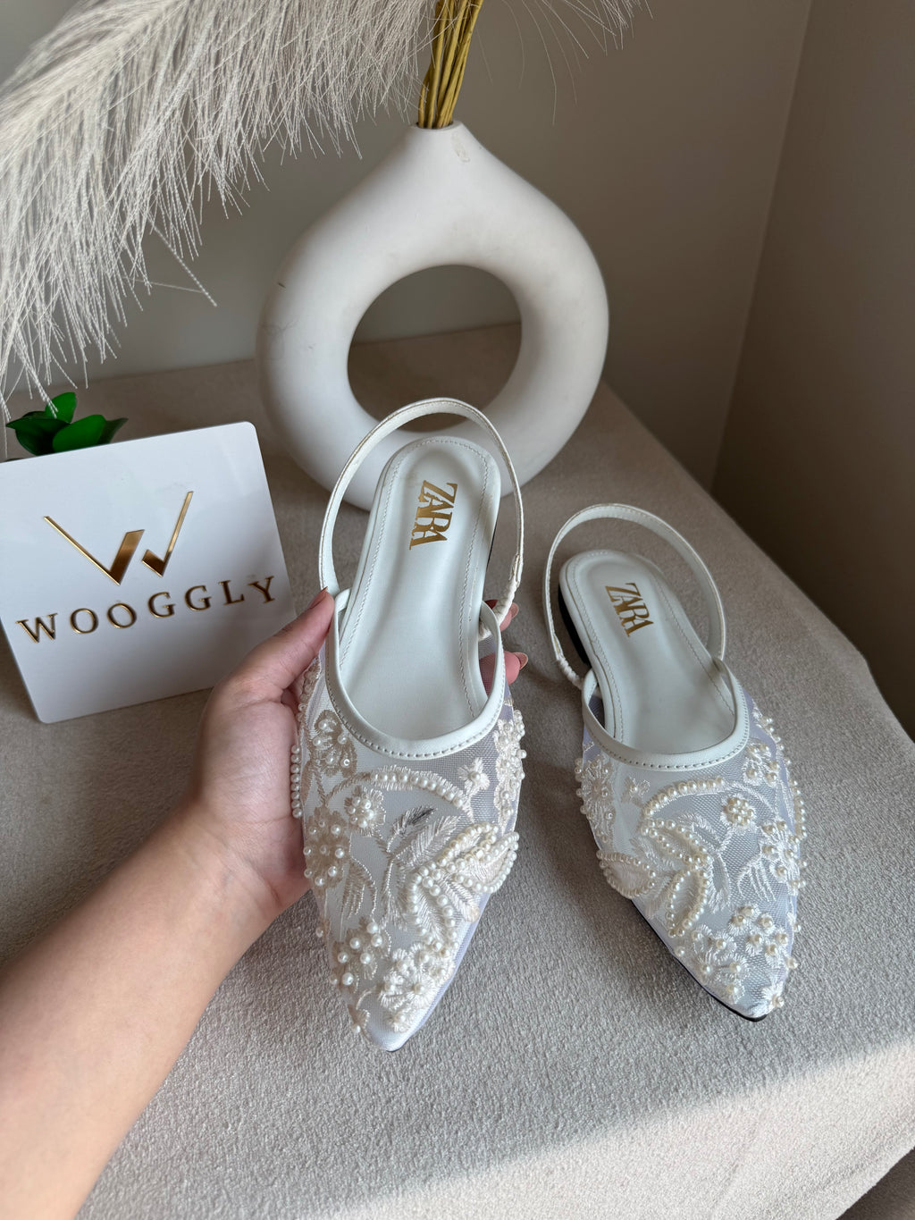 Zara Embroidered Mesh Slingback Flats  - White