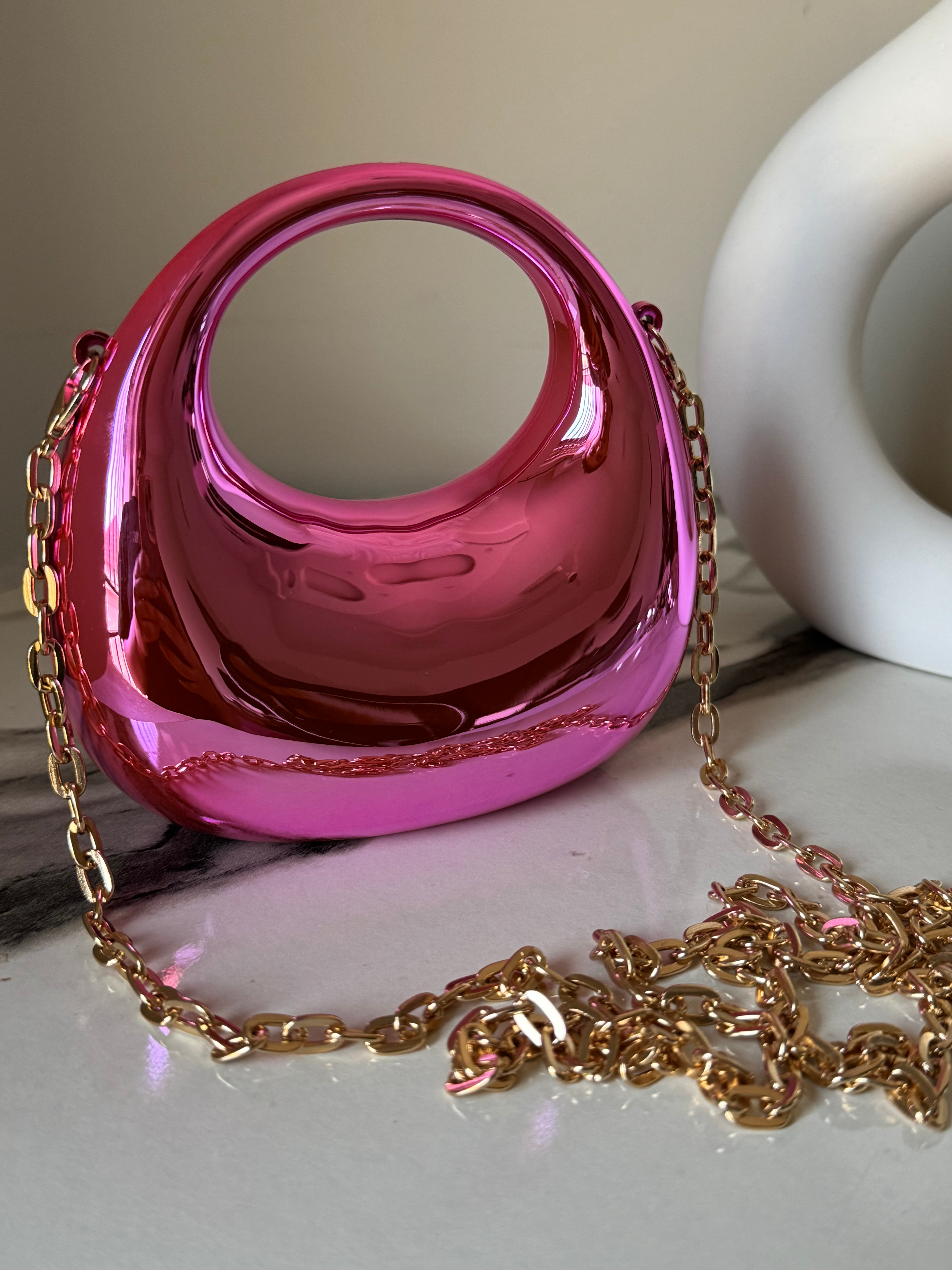 Viral Metallic Clutch with Chain - Mini Pink