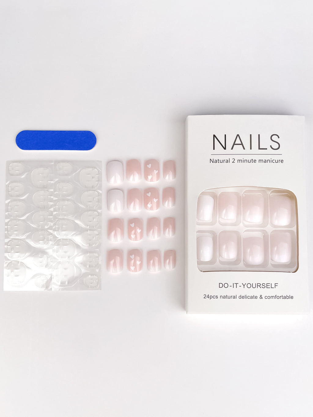 Square White & Pink Press On Nails - 24 Pieces Complete Kit