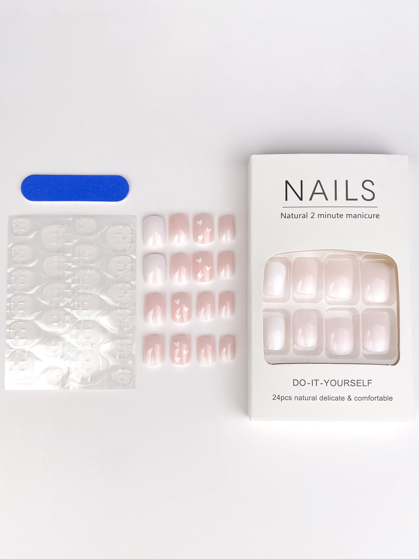 Square White & Pink Press On Nails - 24 Pieces Complete Kit