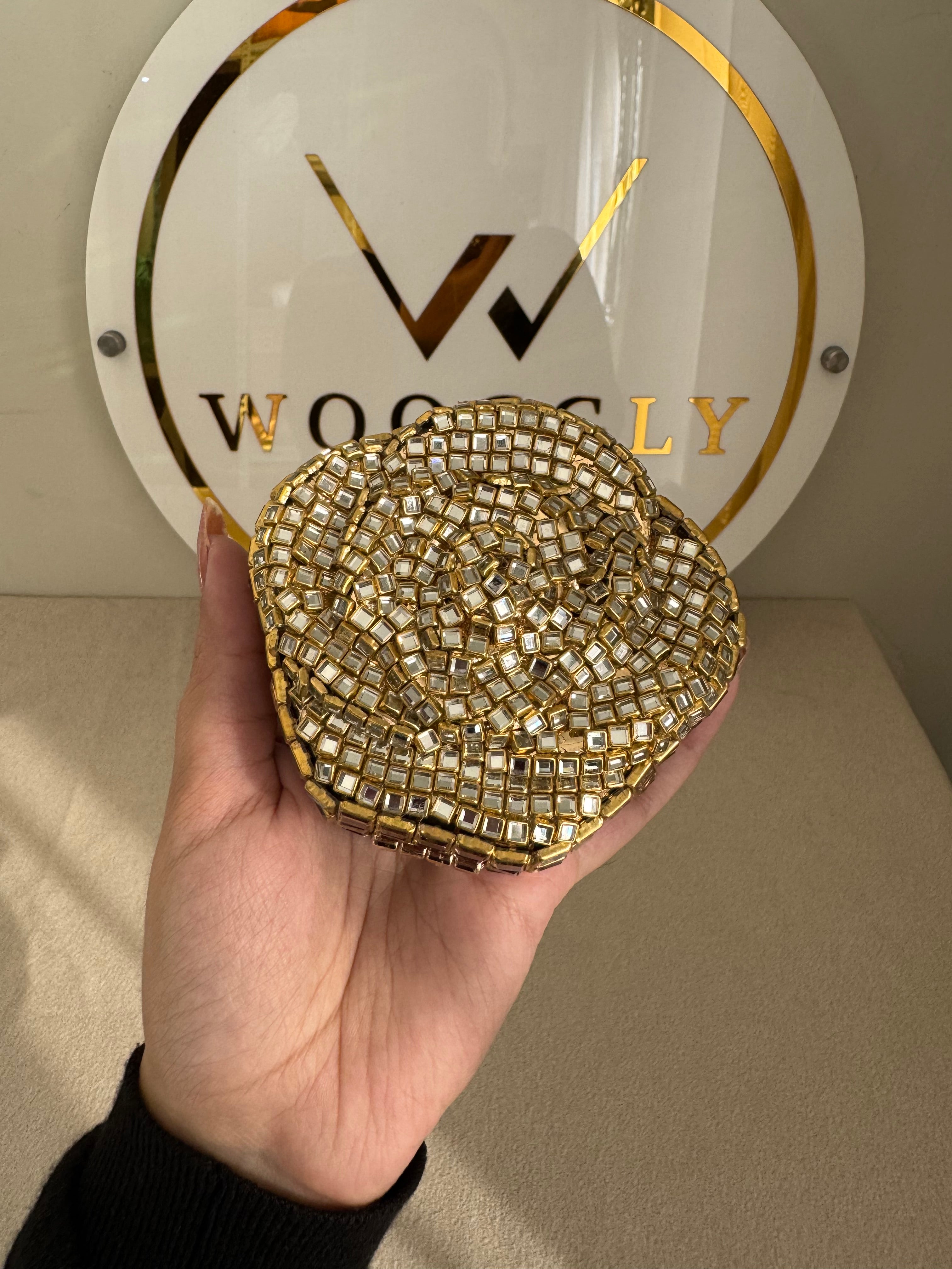 Kundan Flower Clutch - Gold with Chain