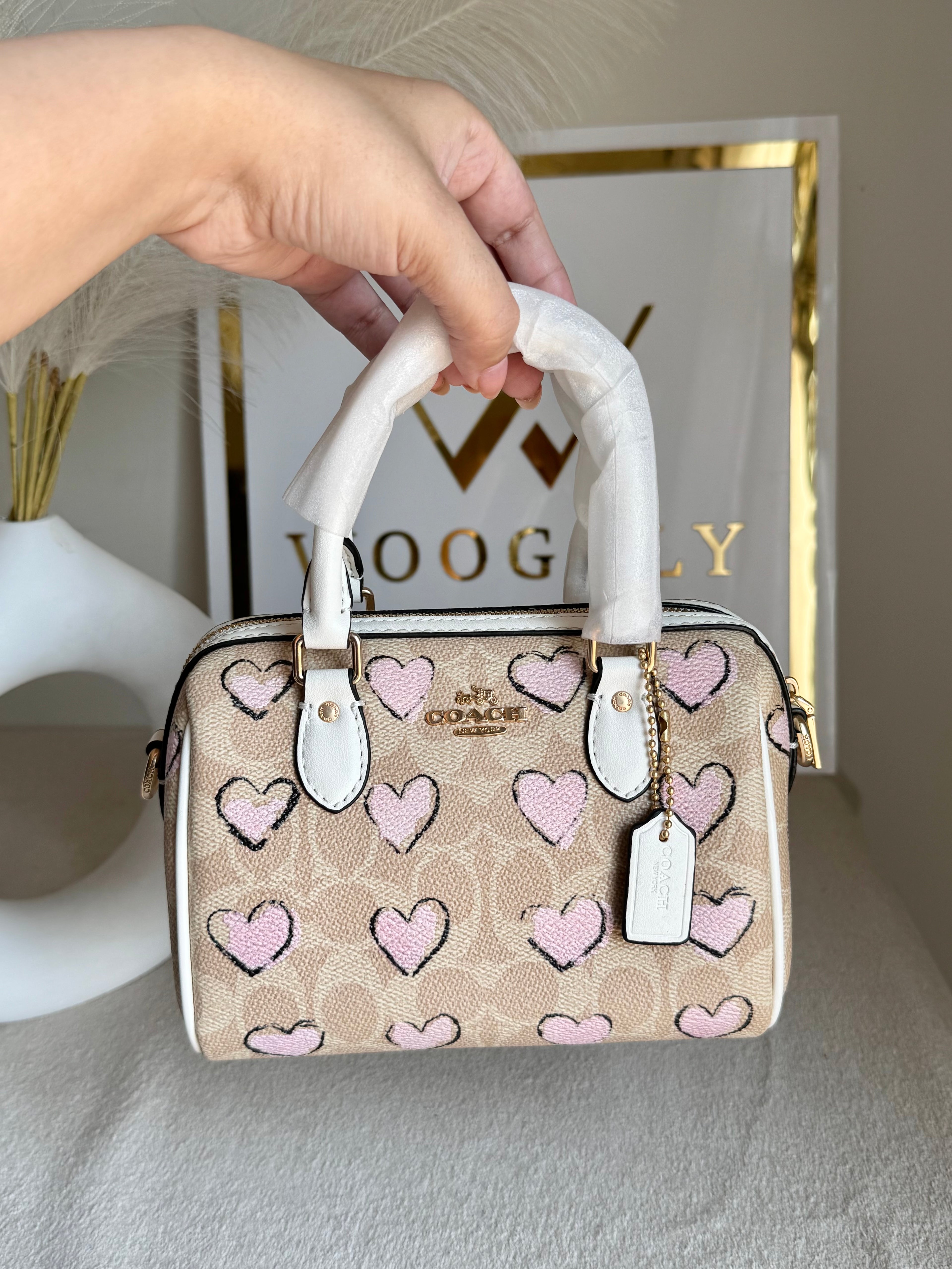 COACH Mini Duffle Bag PREMIUM with Long Strap (Baby Pink Hearts) - BOX PACKING