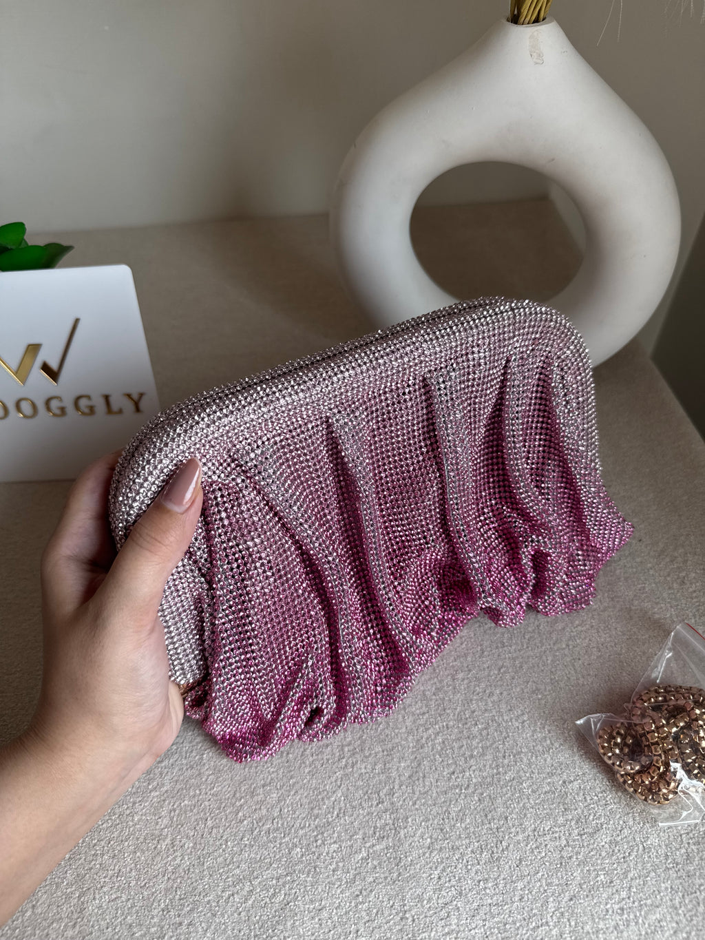 Viral High Quality Rhinestone Clutch with Chain - Pink