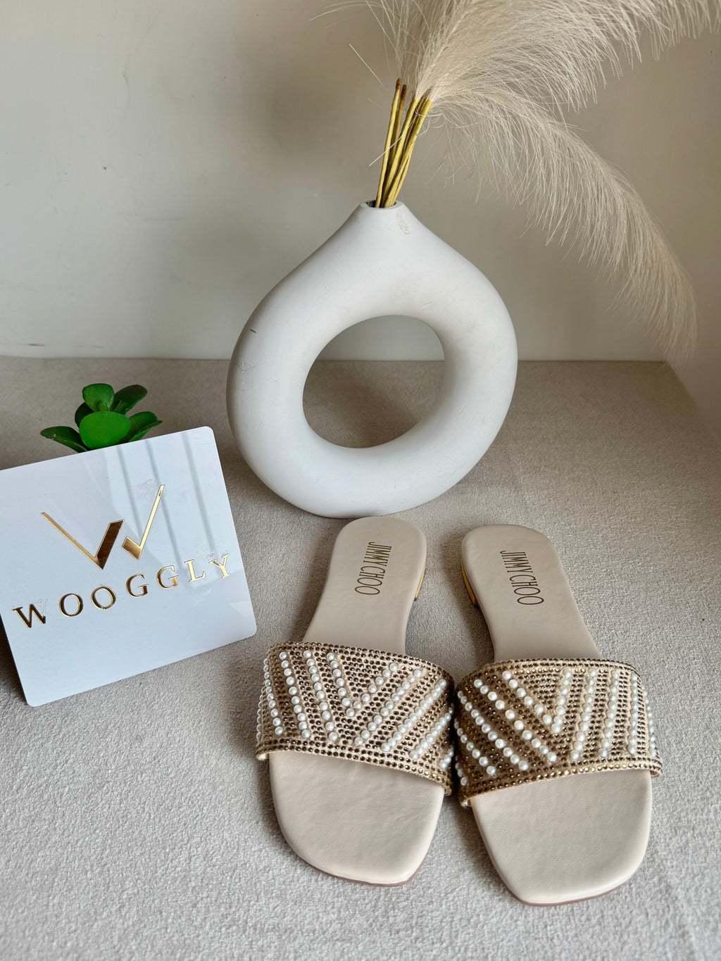 Jimmy Choo Glam Slides Beige with Pearl