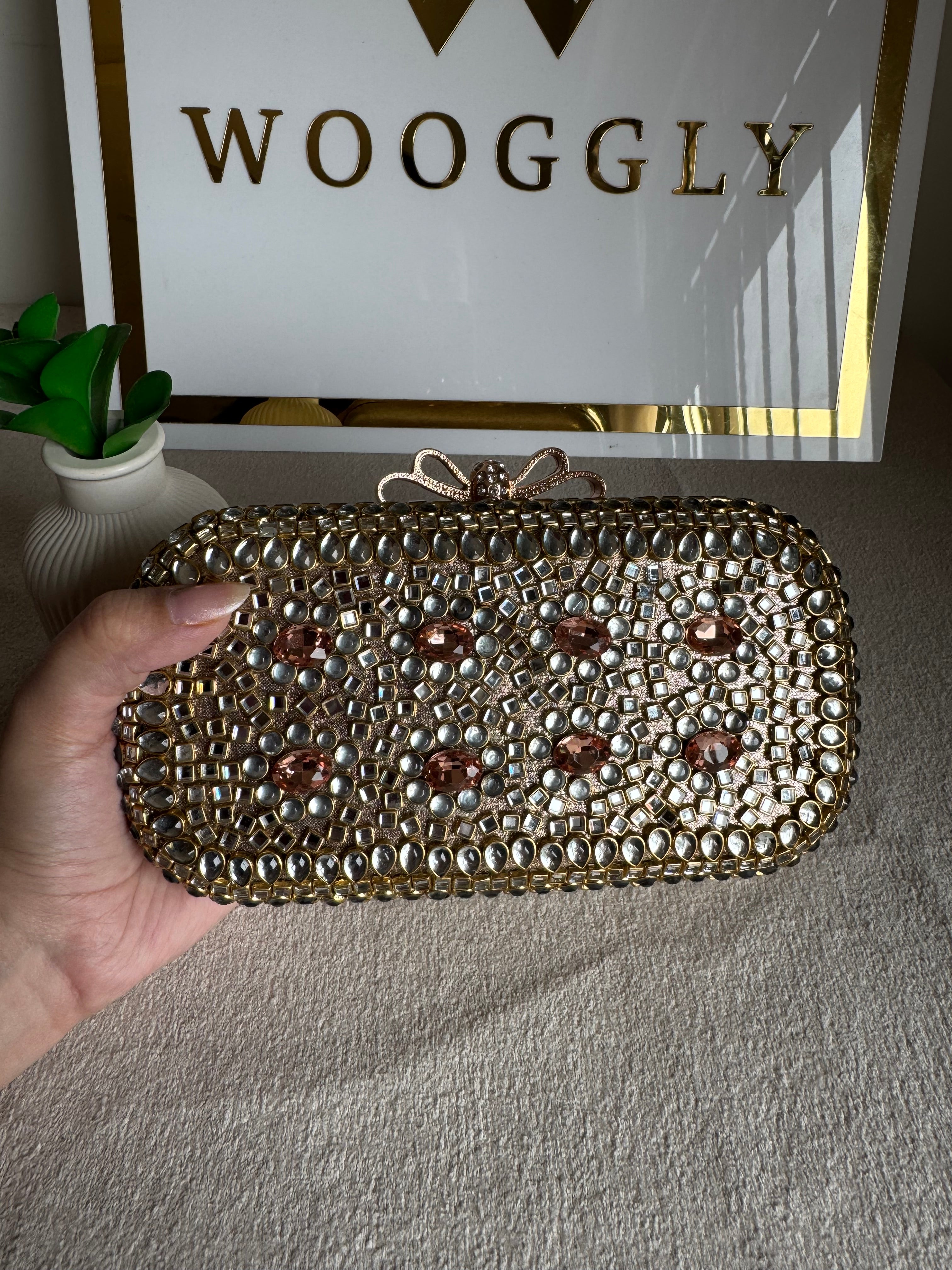 Kundan Stone Clutch - Rose Gold Stones
