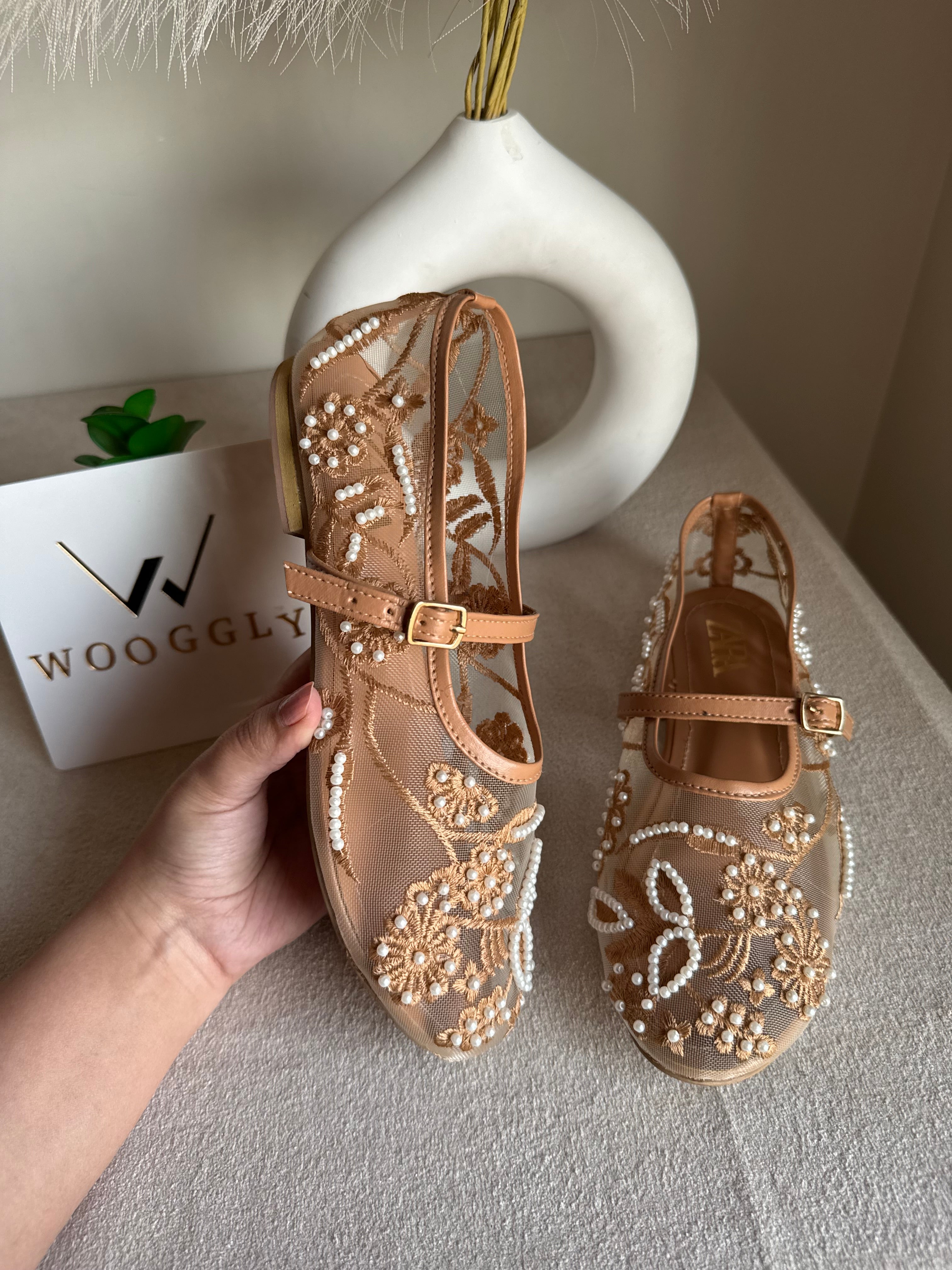 Zara Embroided Net Pumps - Beige