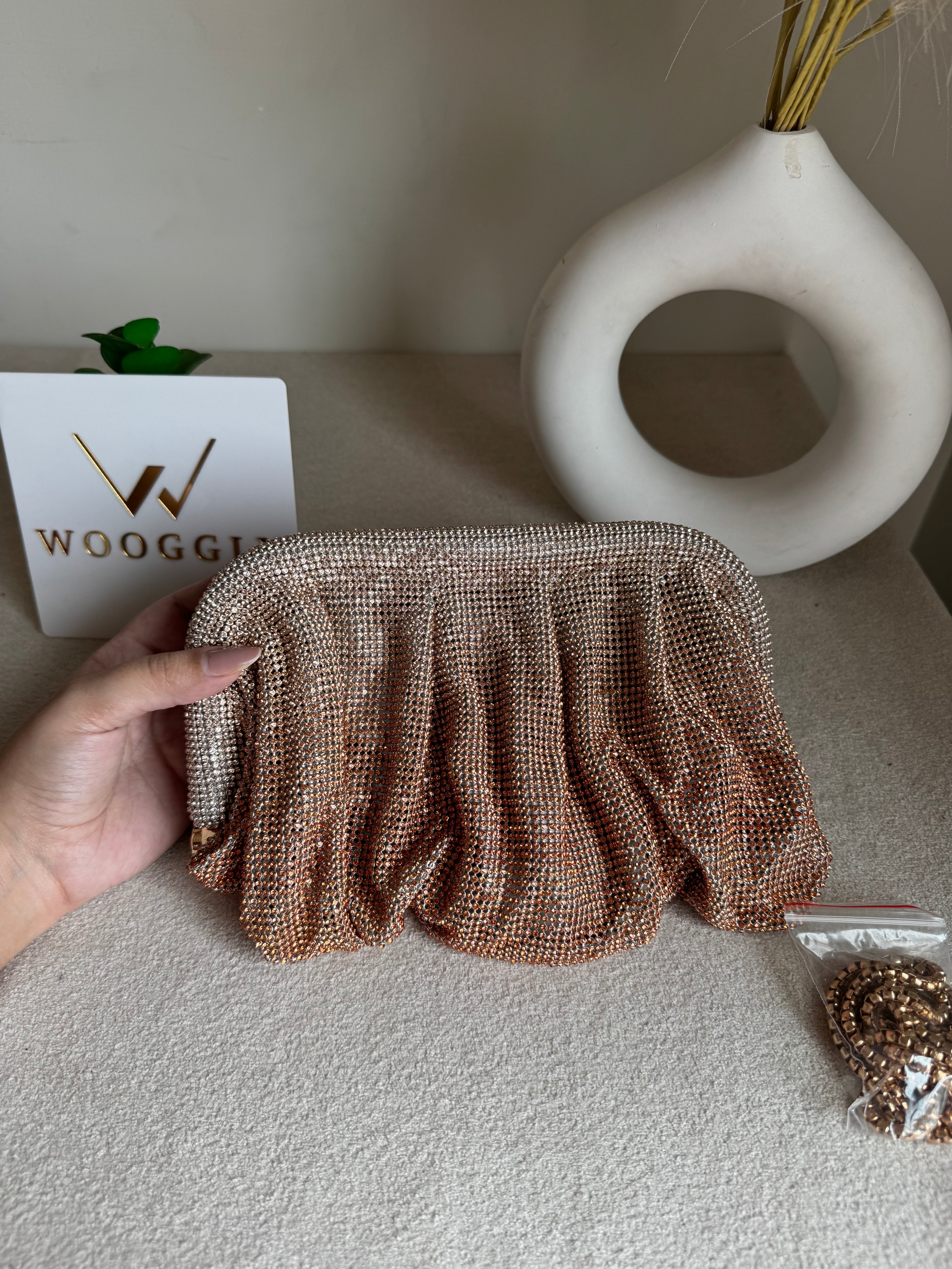Viral High Quality Rhinestone Clutch with Chain - Rose Gold with Silver